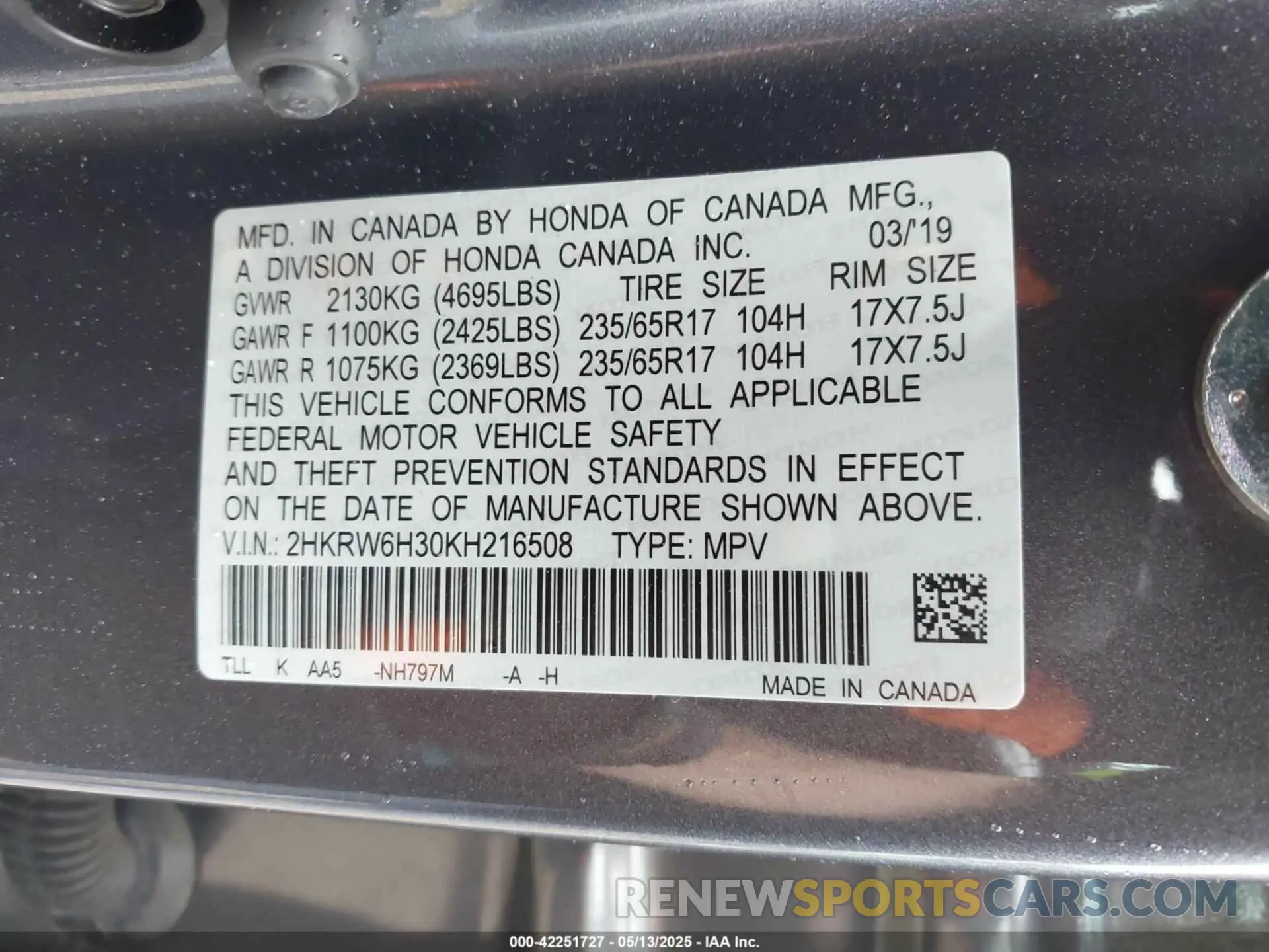 9 Фотография поврежденного автомобиля 2HKRW6H30KH216508 HONDA CR-V 2019