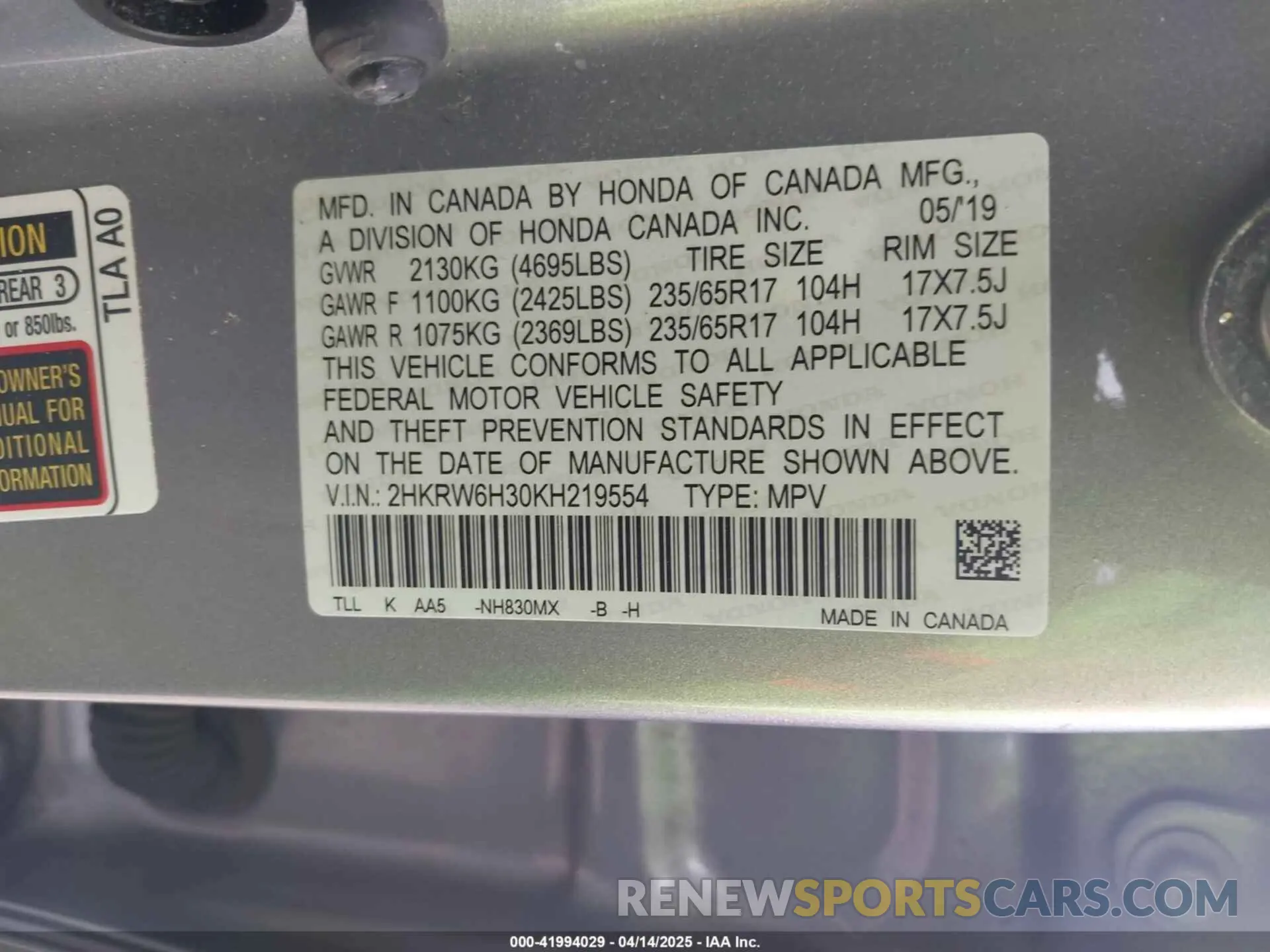 9 Фотография поврежденного автомобиля 2HKRW6H30KH219554 HONDA CR-V 2019