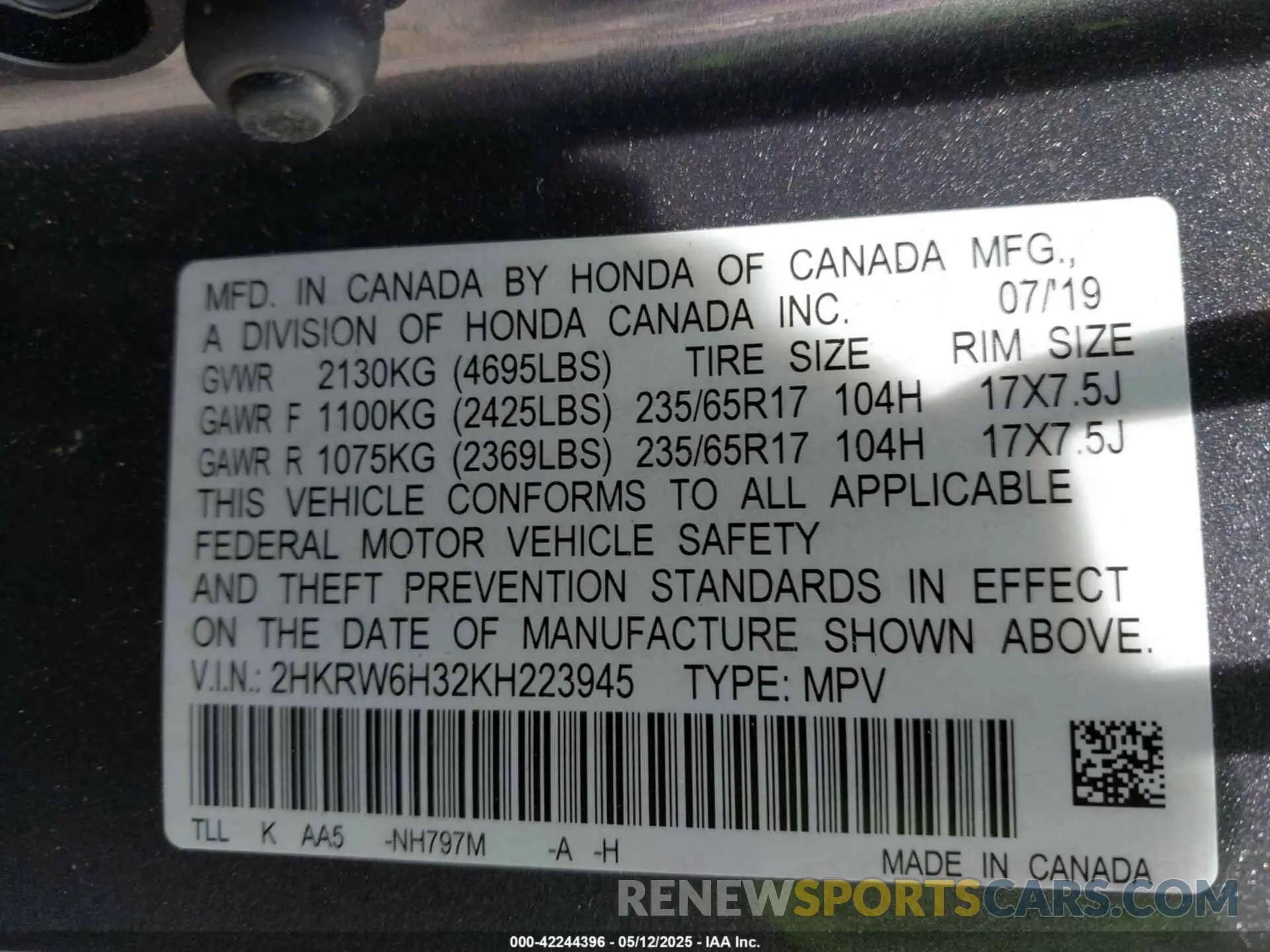 9 Photograph of a damaged car 2HKRW6H32KH223945 HONDA CR-V 2019