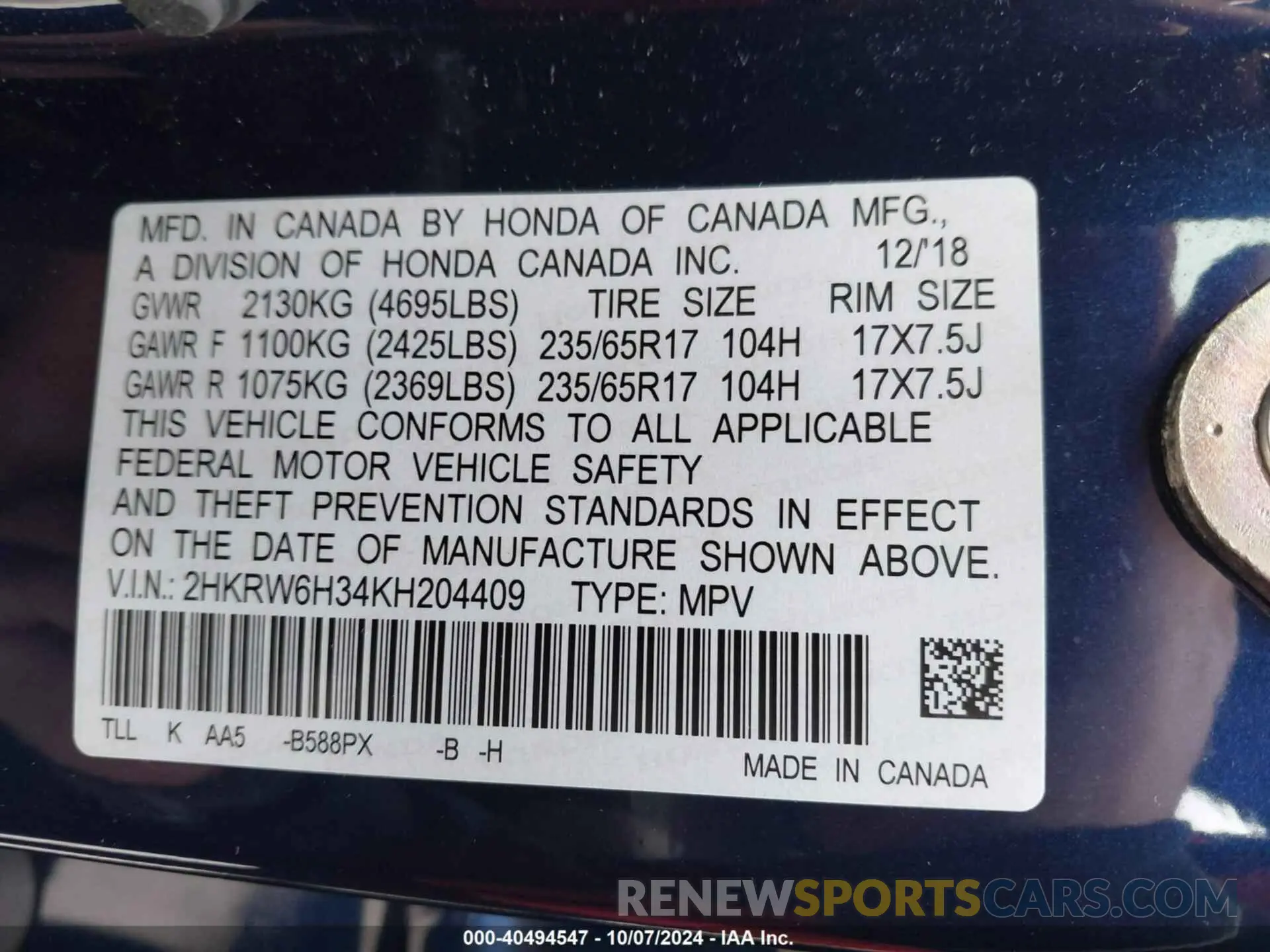 9 Photograph of a damaged car 2HKRW6H34KH204409 HONDA CR-V 2019