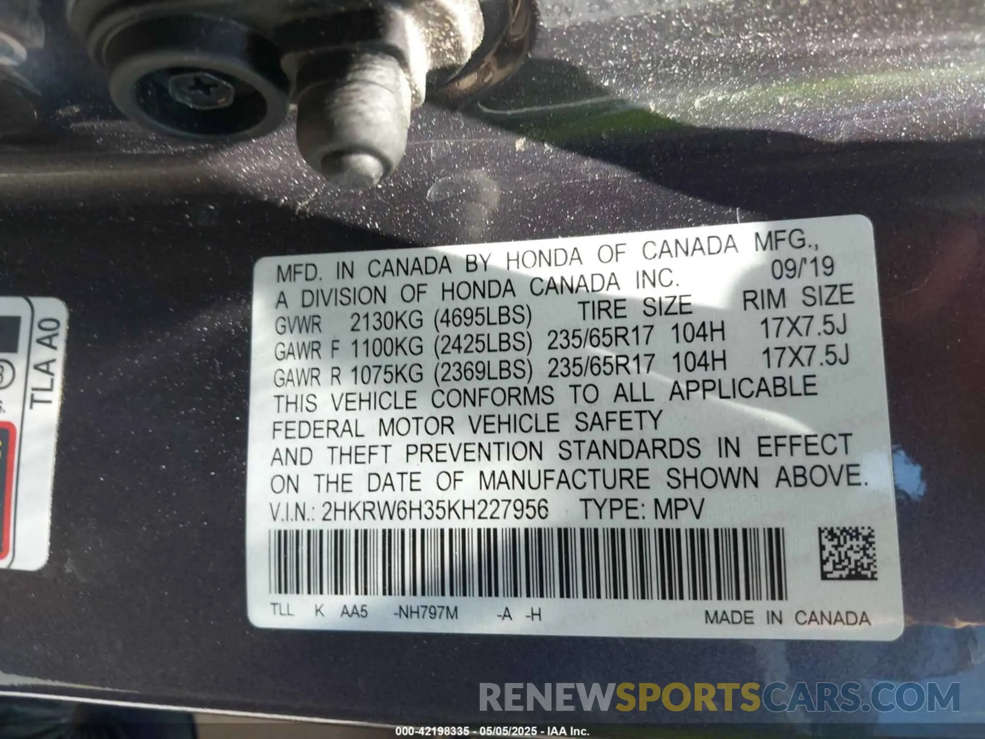 9 Photograph of a damaged car 2HKRW6H35KH227956 HONDA CR-V 2019