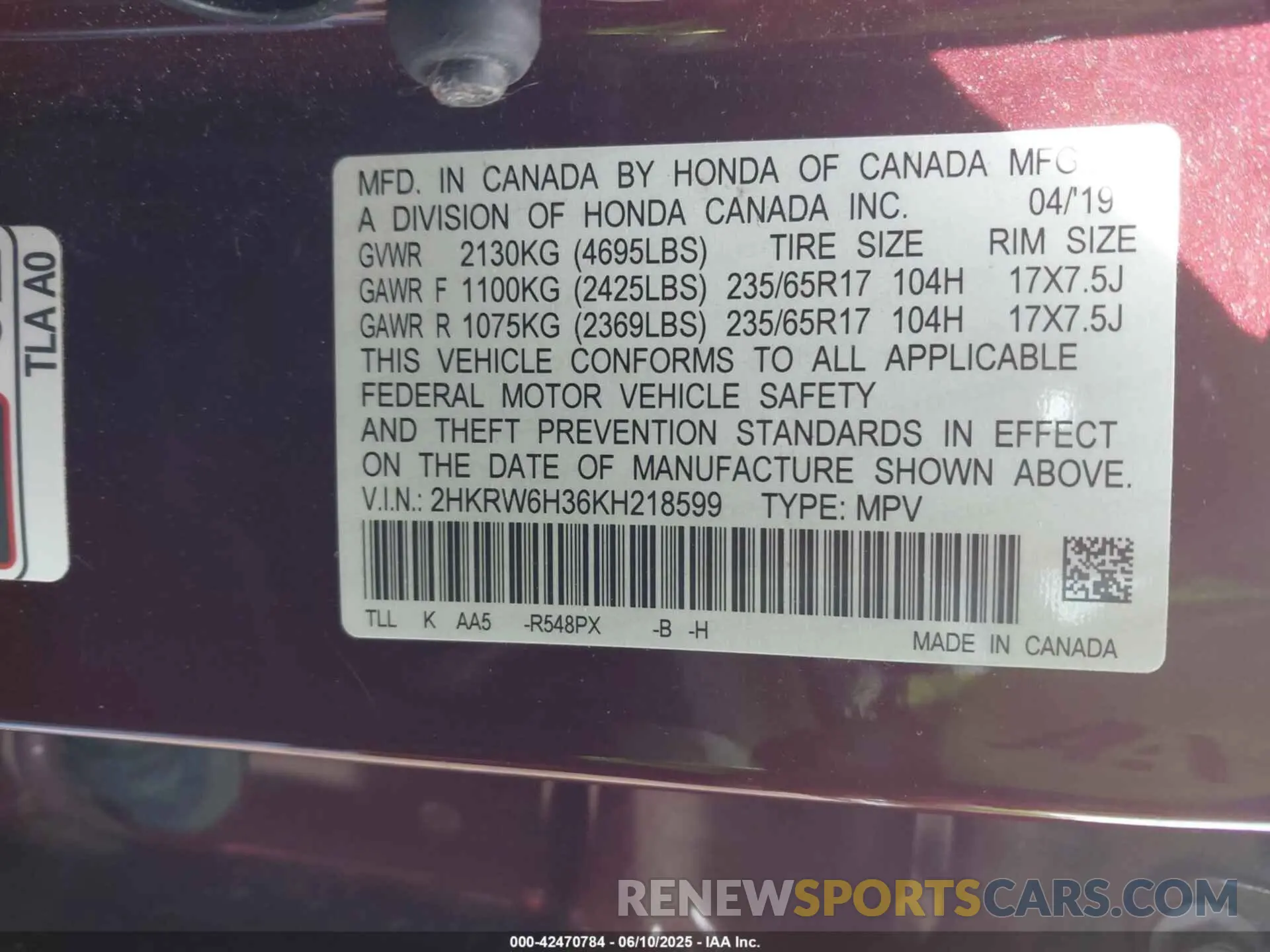 9 Фотография поврежденного автомобиля 2HKRW6H36KH218599 HONDA CR-V 2019