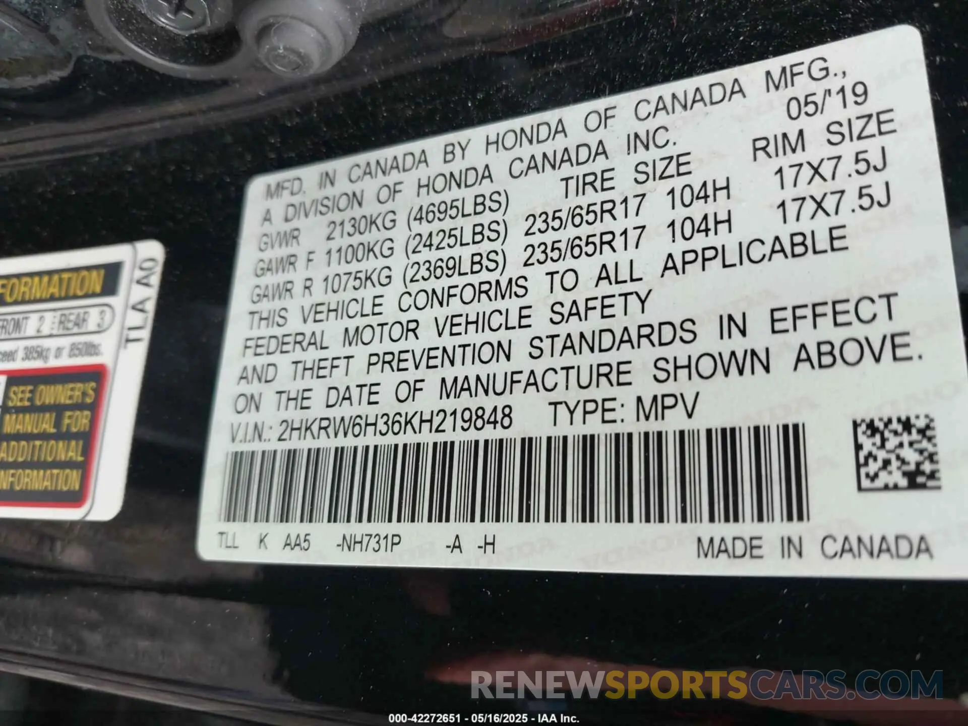 9 Фотография поврежденного автомобиля 2HKRW6H36KH219848 HONDA CR-V 2019