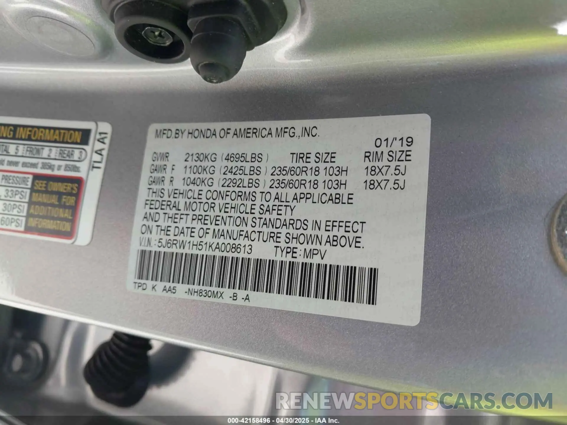 9 Фотография поврежденного автомобиля 5J6RW1H51KA008613 HONDA CR-V 2019
