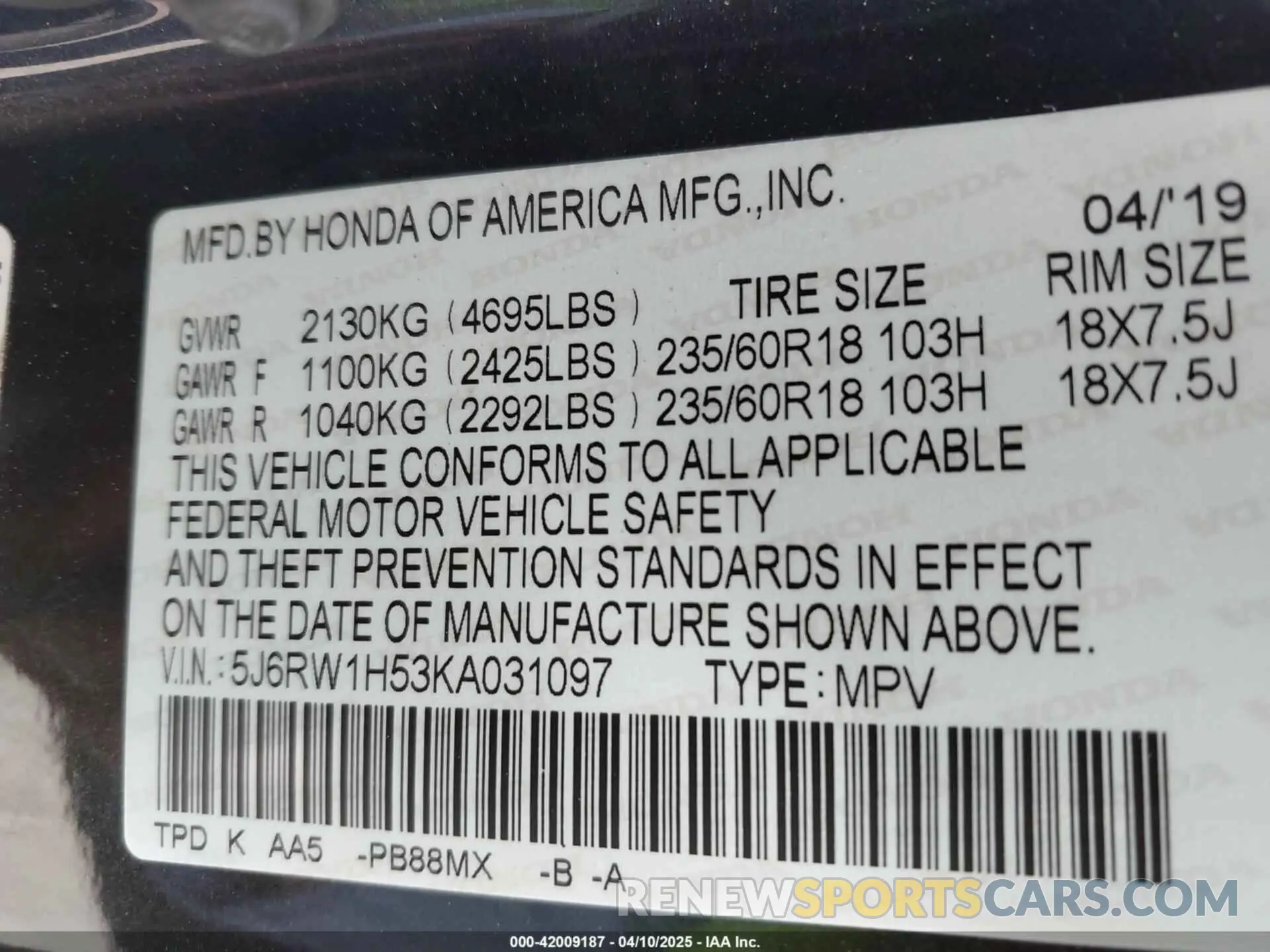 9 Photograph of a damaged car 5J6RW1H53KA031097 HONDA CR-V 2019