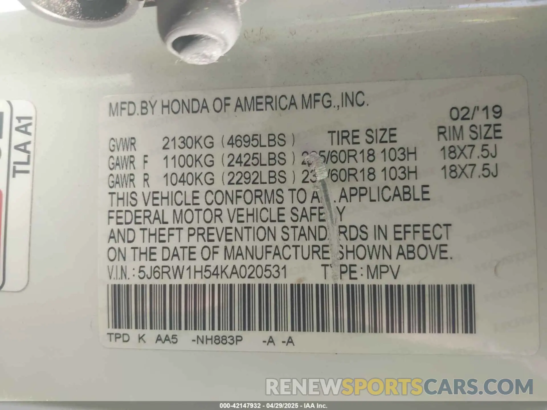 9 Фотография поврежденного автомобиля 5J6RW1H54KA020531 HONDA CR-V 2019
