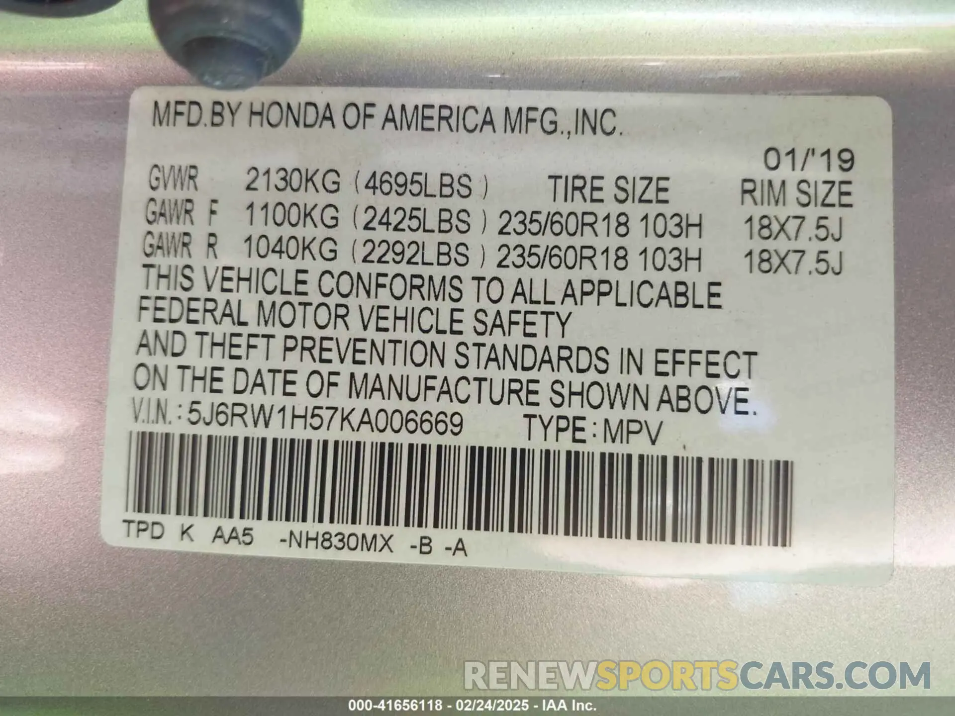 9 Фотография поврежденного автомобиля 5J6RW1H57KA006669 HONDA CR-V 2019