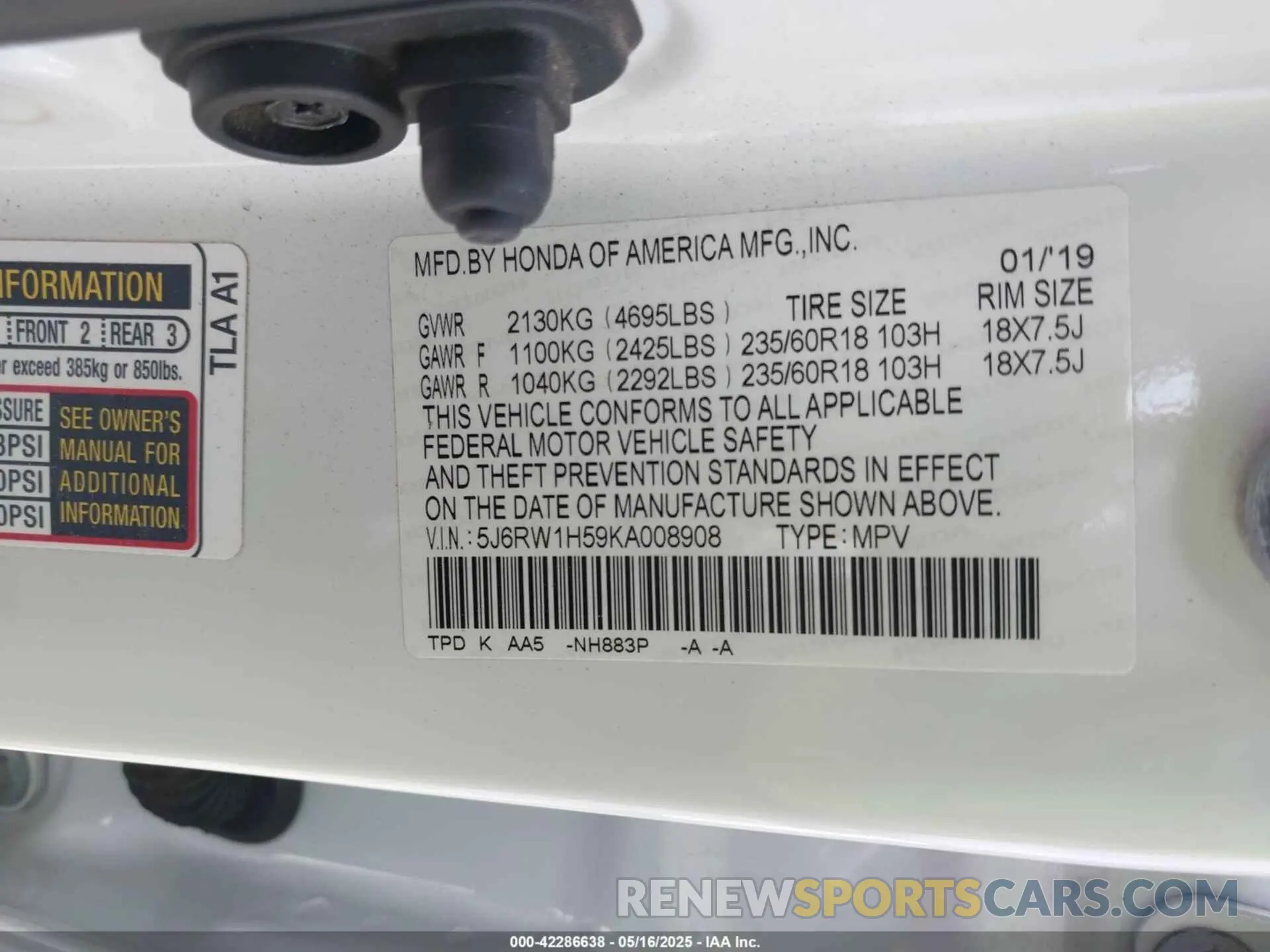 9 Photograph of a damaged car 5J6RW1H59KA008908 HONDA CR-V 2019