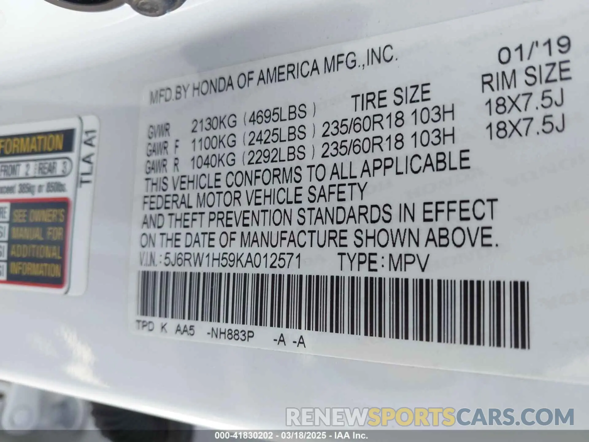 9 Фотография поврежденного автомобиля 5J6RW1H59KA012571 HONDA CR-V 2019
