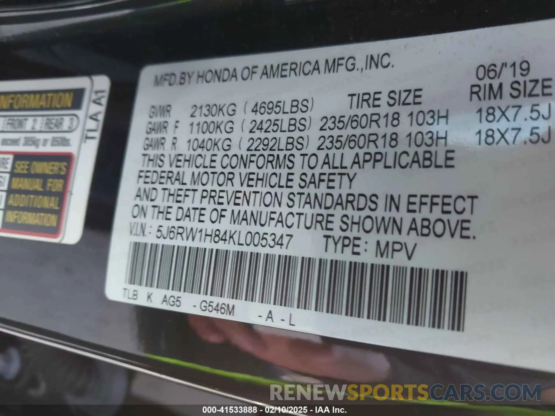 9 Photograph of a damaged car 5J6RW1H84KL005347 HONDA CR-V 2019