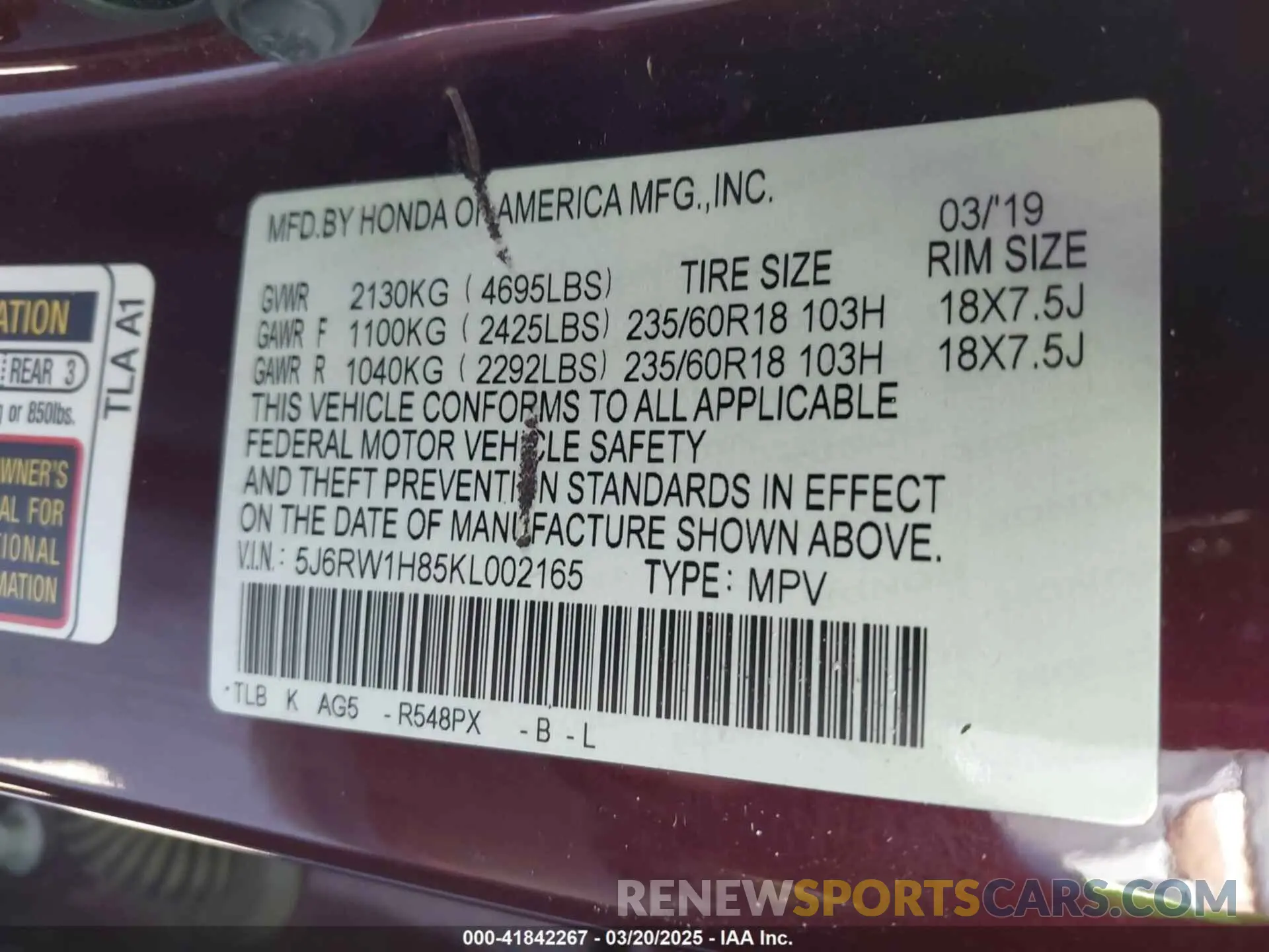 9 Photograph of a damaged car 5J6RW1H85KL002165 HONDA CR-V 2019