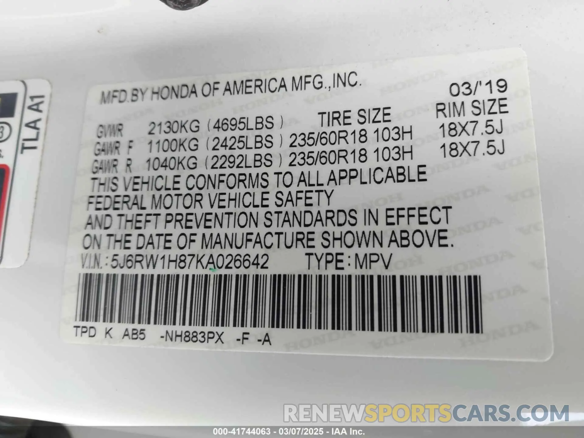 9 Фотография поврежденного автомобиля 5J6RW1H87KA026642 HONDA CR-V 2019