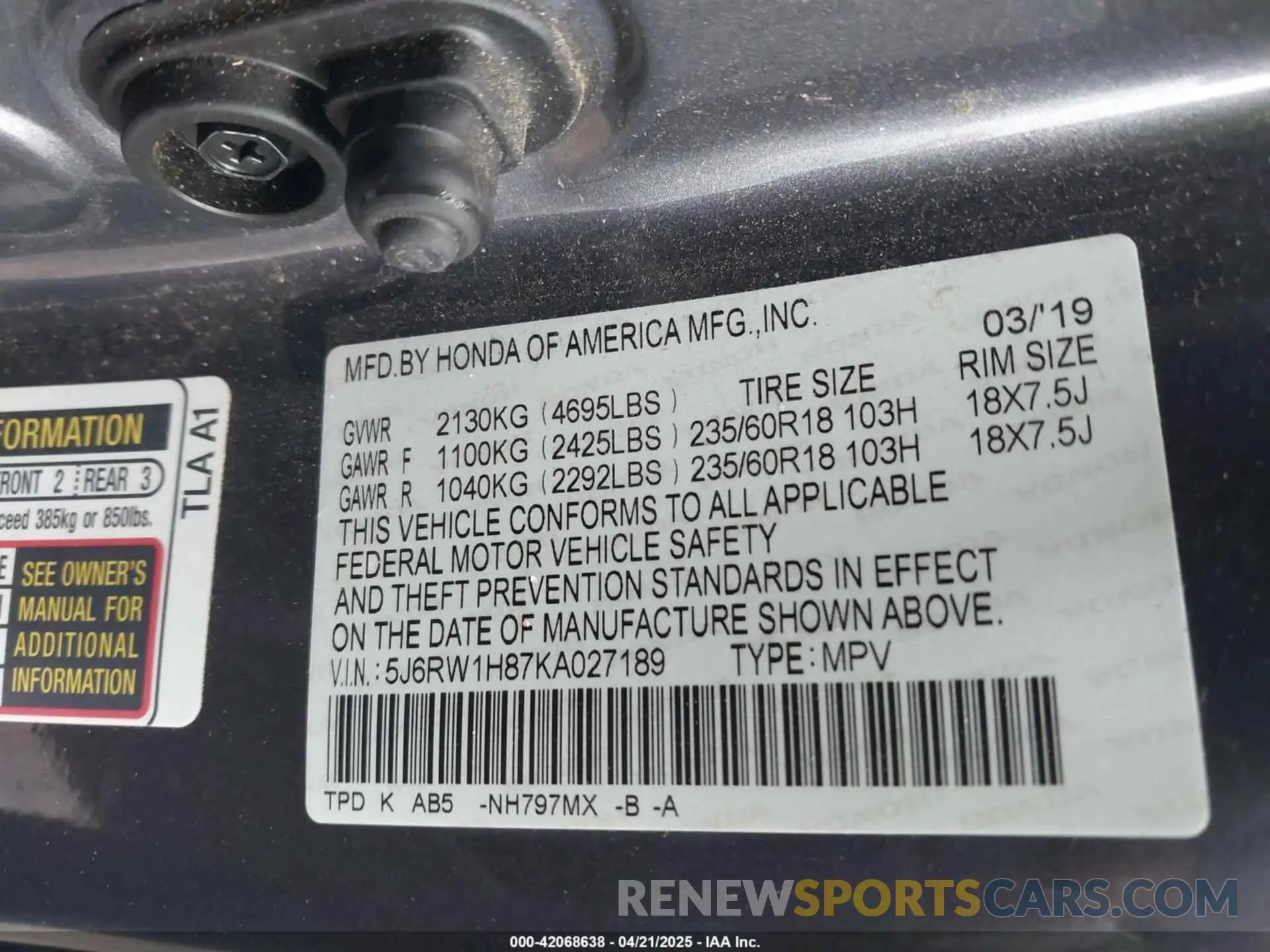 9 Фотография поврежденного автомобиля 5J6RW1H87KA027189 HONDA CR-V 2019