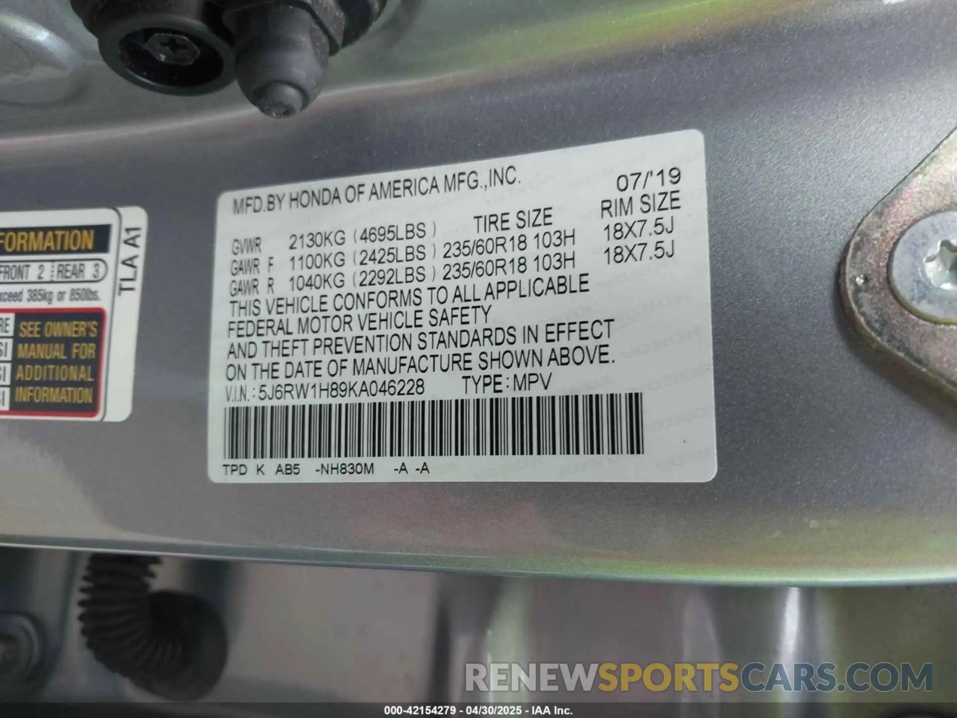 9 Фотография поврежденного автомобиля 5J6RW1H89KA046228 HONDA CR-V 2019