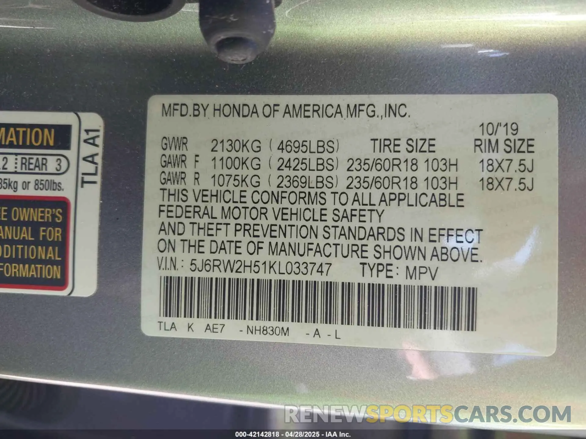 9 Фотография поврежденного автомобиля 5J6RW2H51KL033747 HONDA CR-V 2019