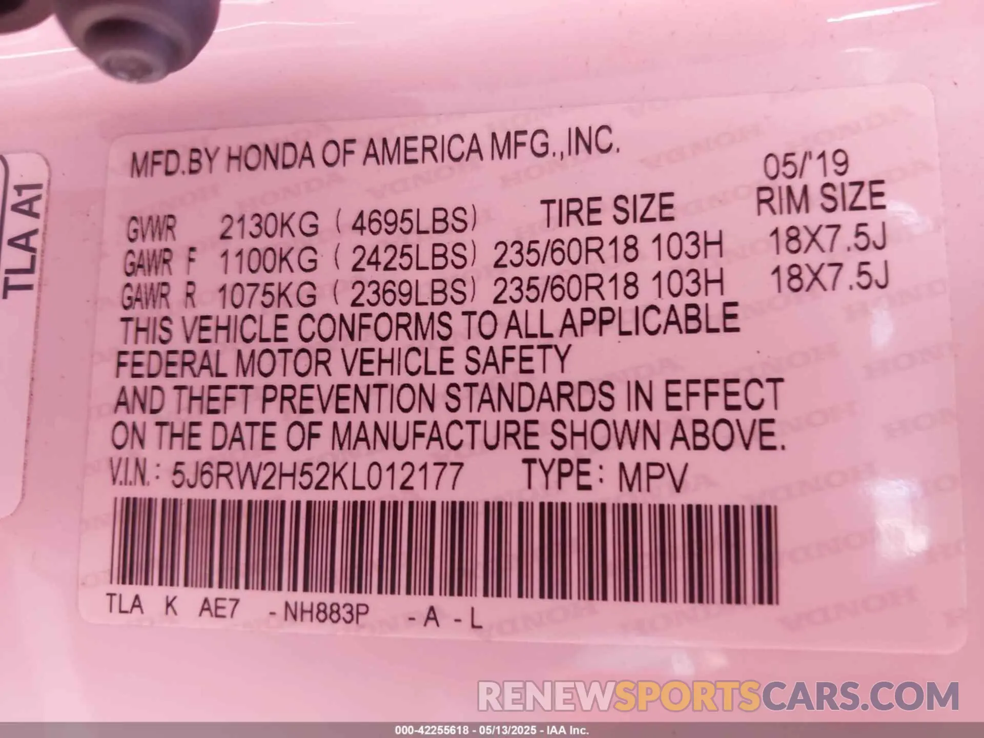 9 Фотография поврежденного автомобиля 5J6RW2H52KL012177 HONDA CR-V 2019