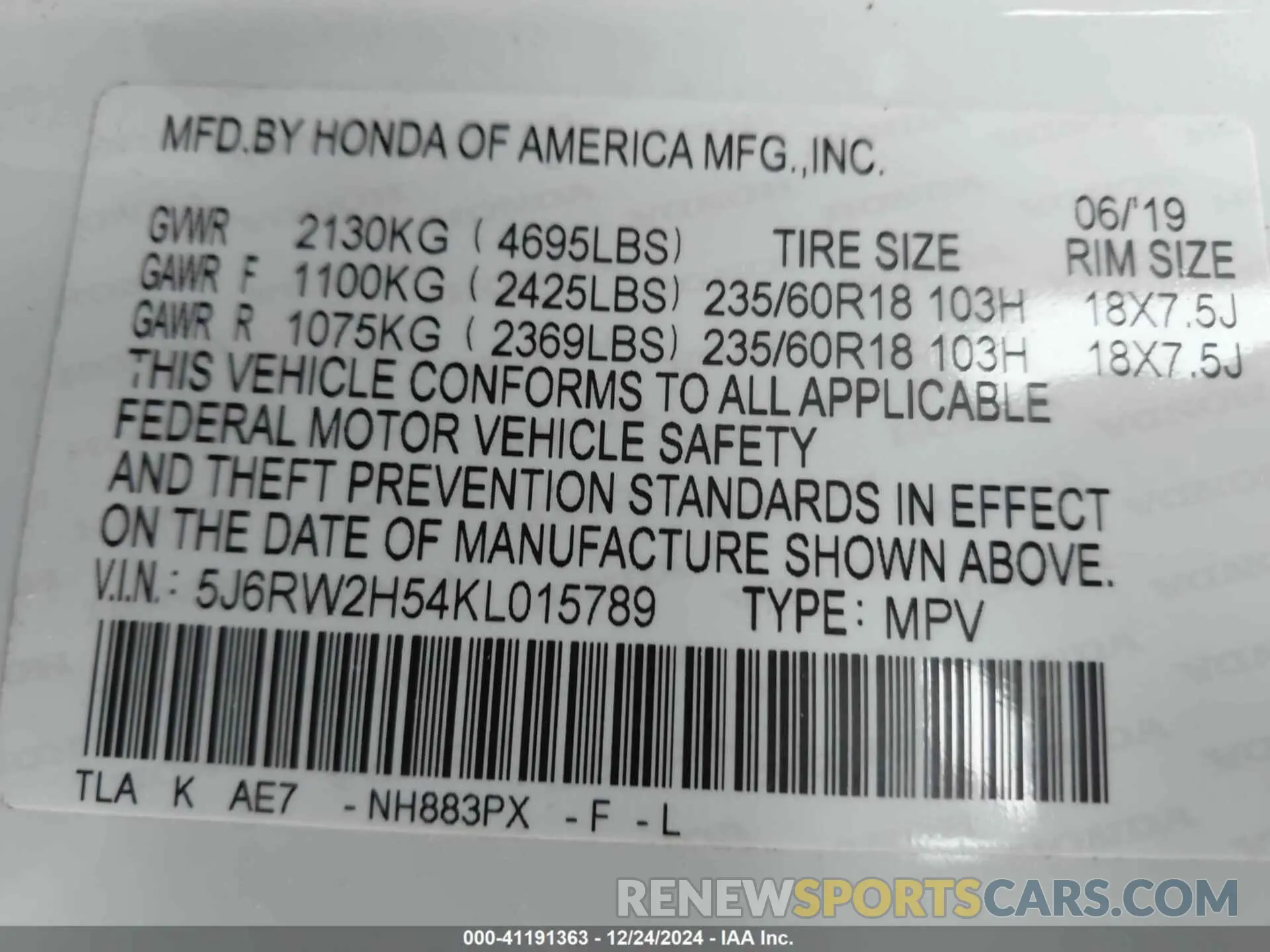 9 Photograph of a damaged car 5J6RW2H54KL015789 HONDA CR-V 2019