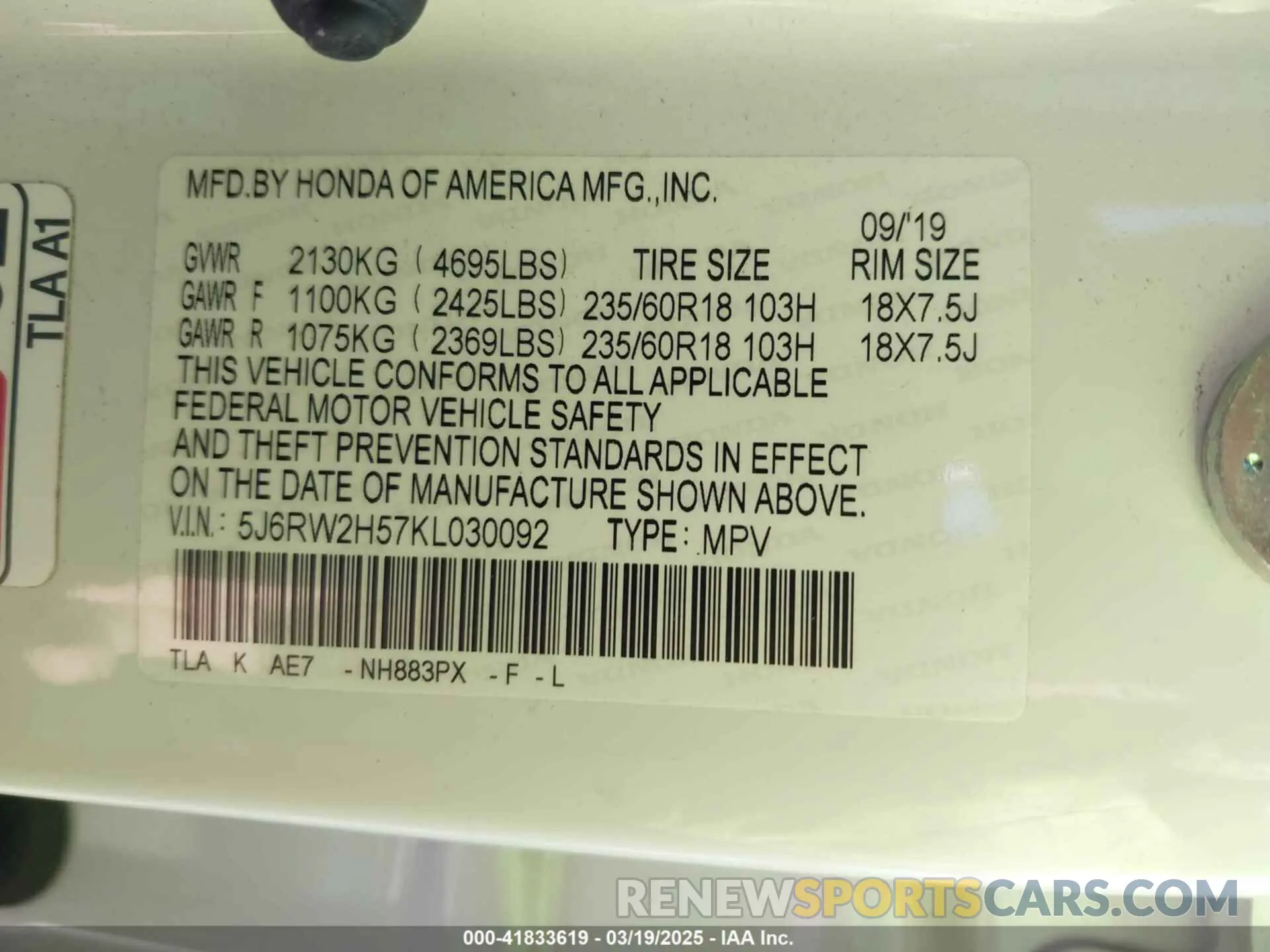 9 Фотография поврежденного автомобиля 5J6RW2H57KL030092 HONDA CR-V 2019
