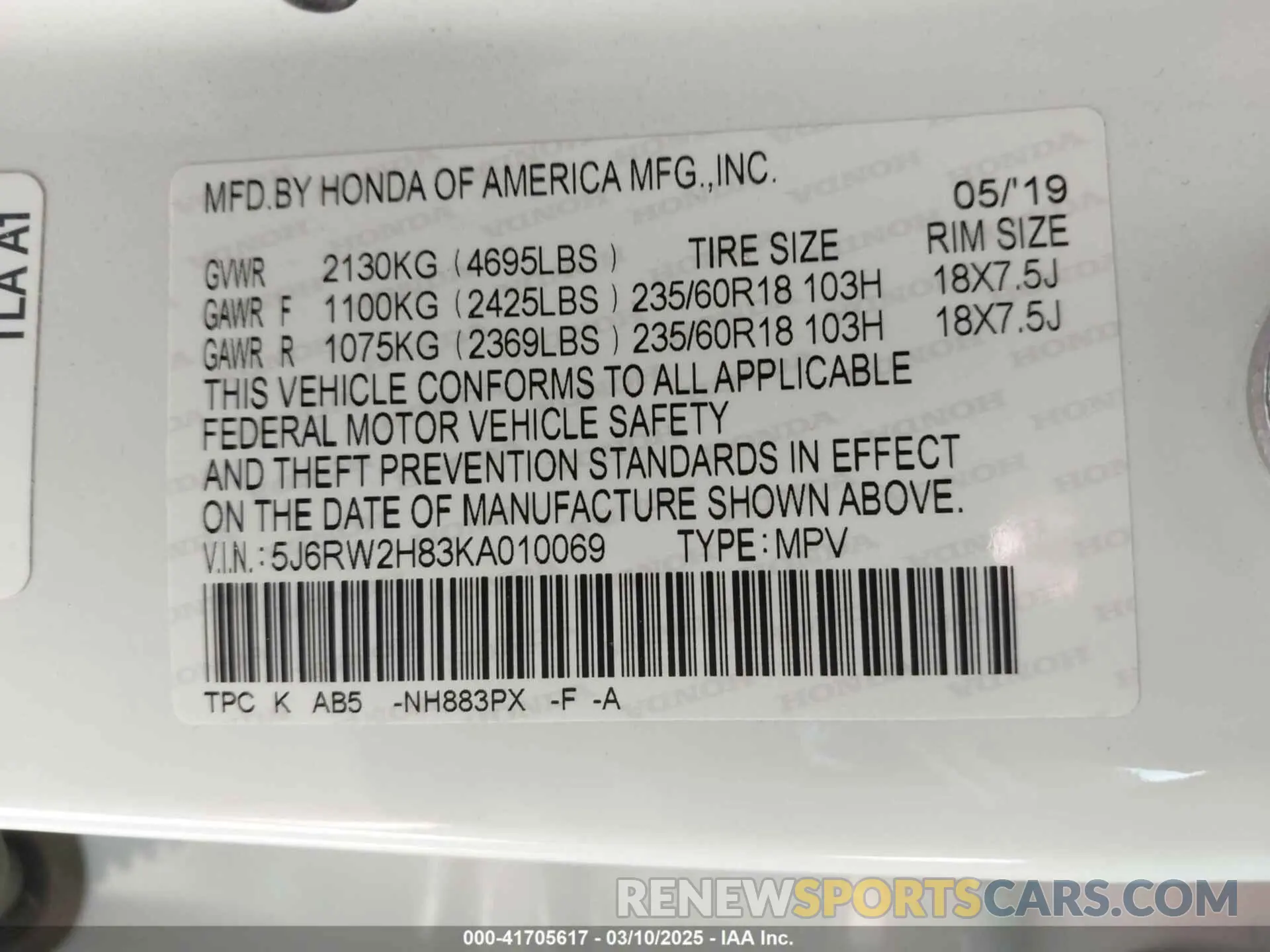 9 Фотография поврежденного автомобиля 5J6RW2H83KA010069 HONDA CR-V 2019