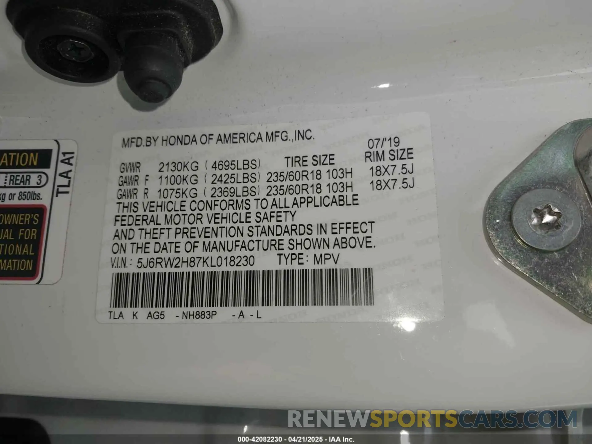 9 Фотография поврежденного автомобиля 5J6RW2H87KL018230 HONDA CR-V 2019