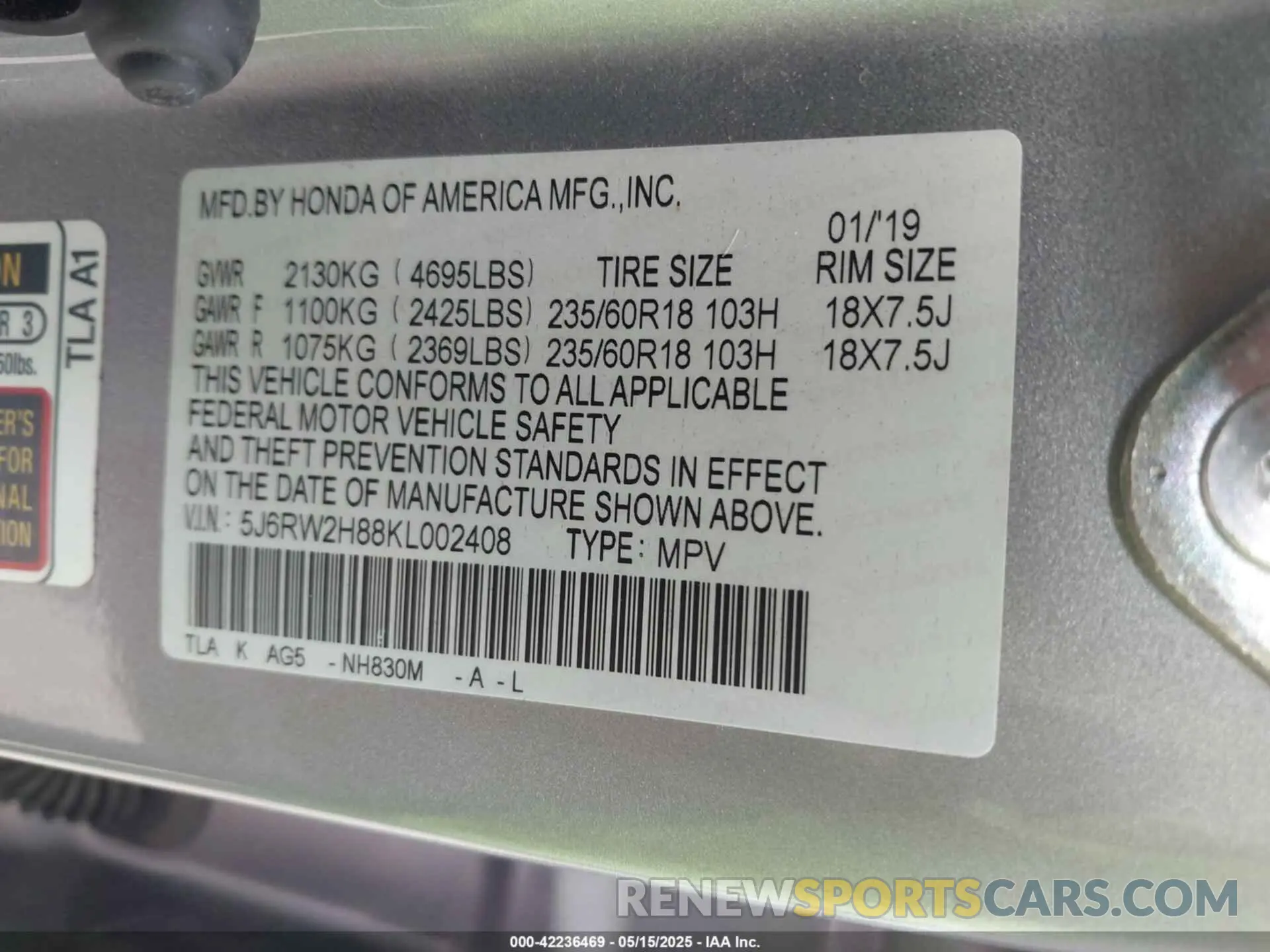 9 Фотография поврежденного автомобиля 5J6RW2H88KL002408 HONDA CR-V 2019
