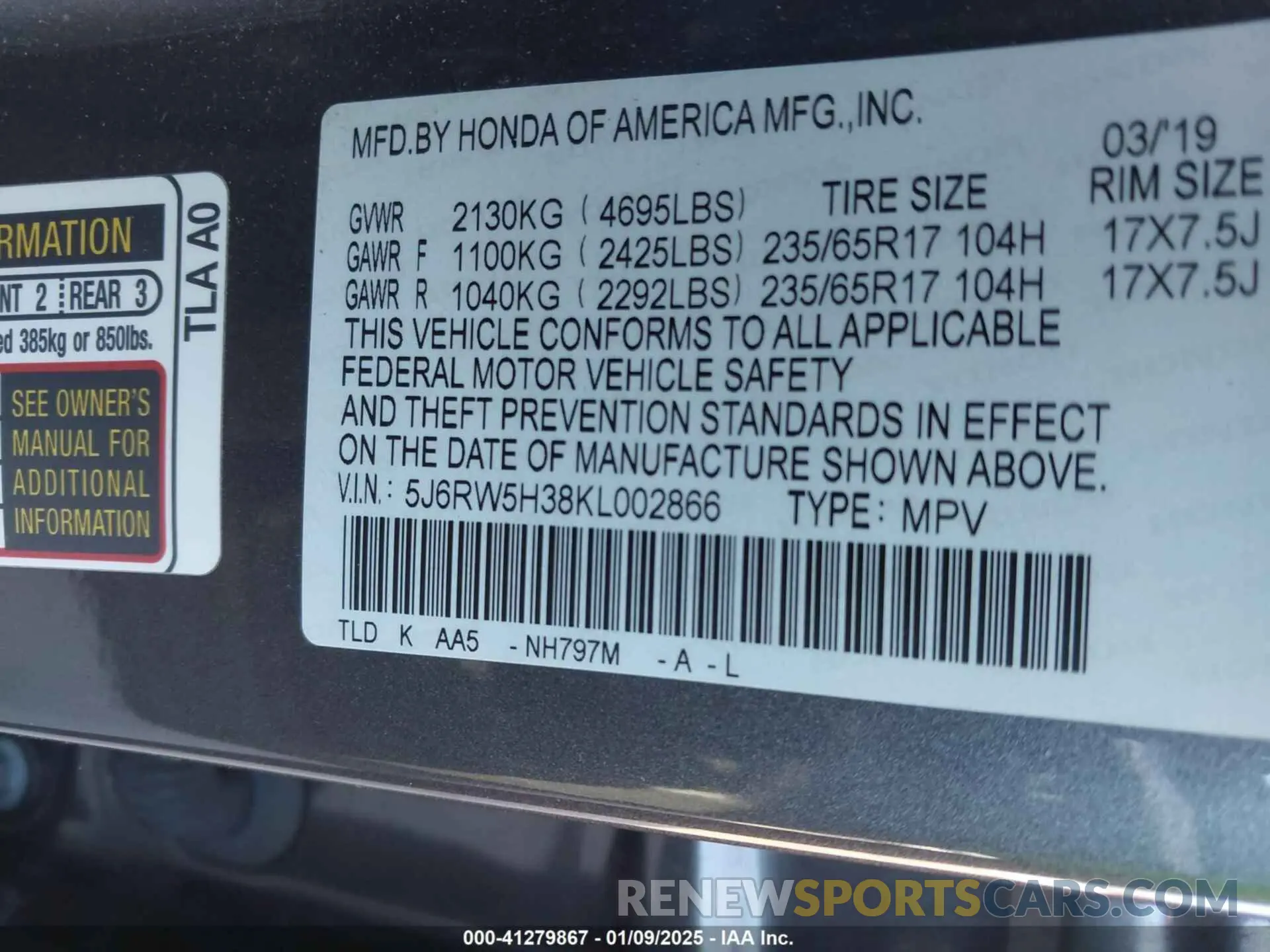 9 Фотография поврежденного автомобиля 5J6RW5H38KL002866 HONDA CR-V 2019