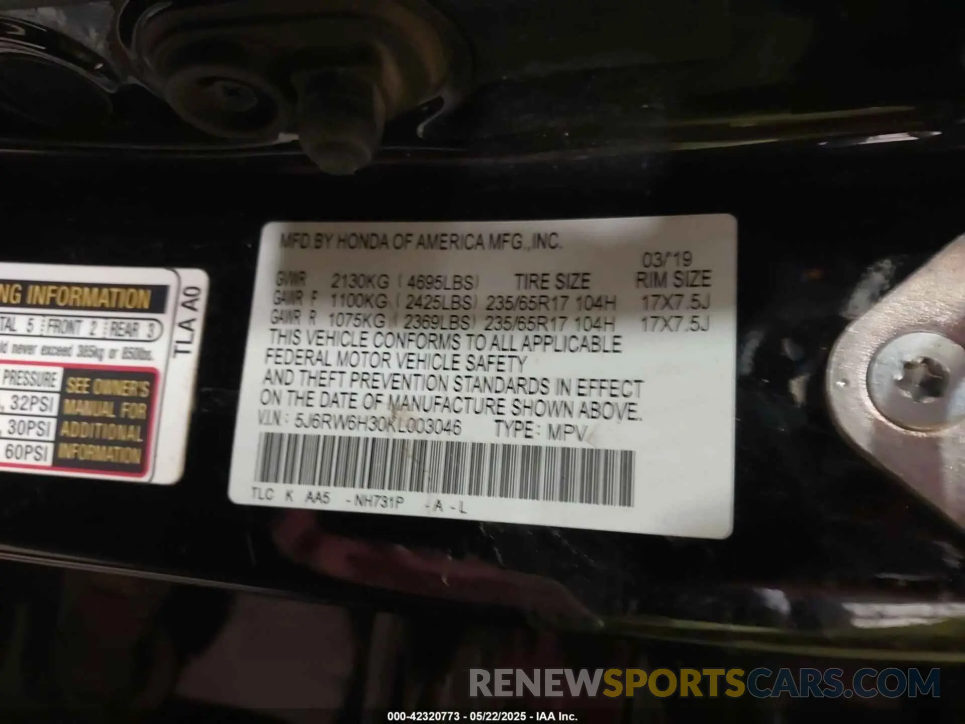 9 Photograph of a damaged car 5J6RW6H30KL003046 HONDA CR-V 2019