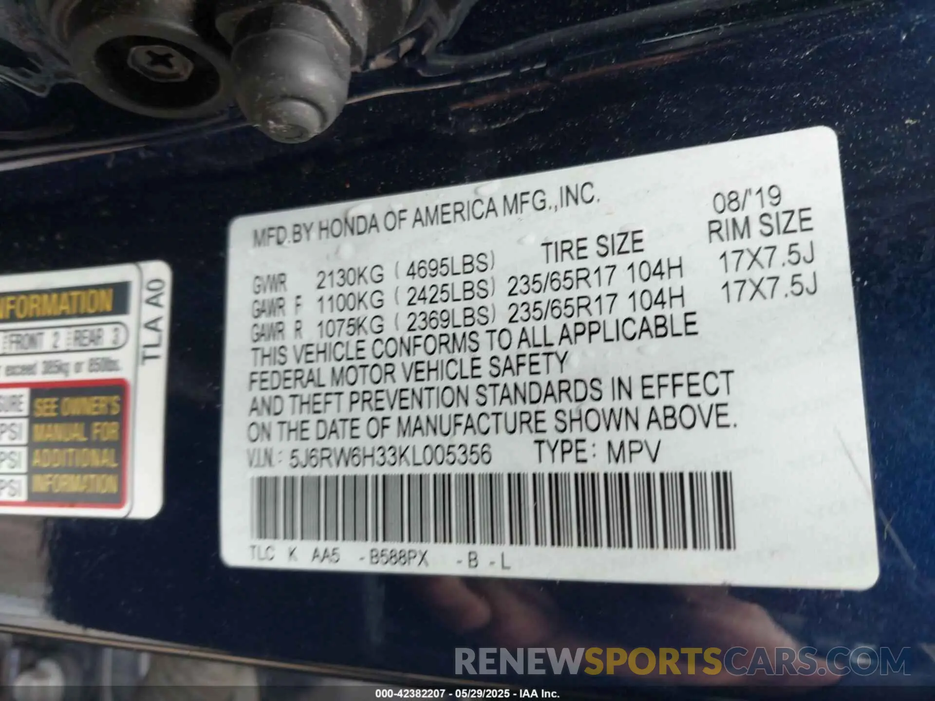 9 Photograph of a damaged car 5J6RW6H33KL005356 HONDA CR-V 2019