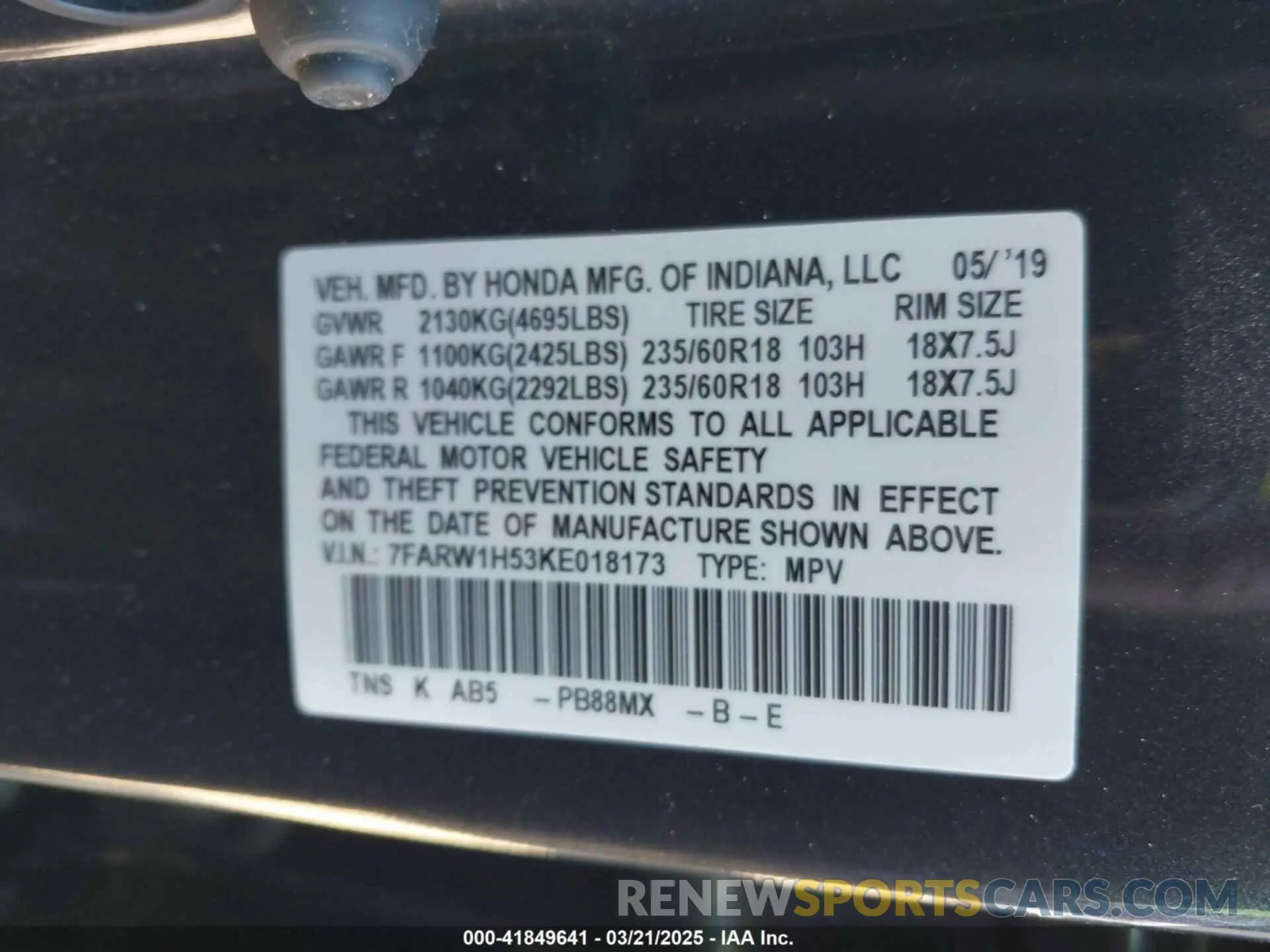 9 Фотография поврежденного автомобиля 7FARW1H53KE018173 HONDA CR-V 2019