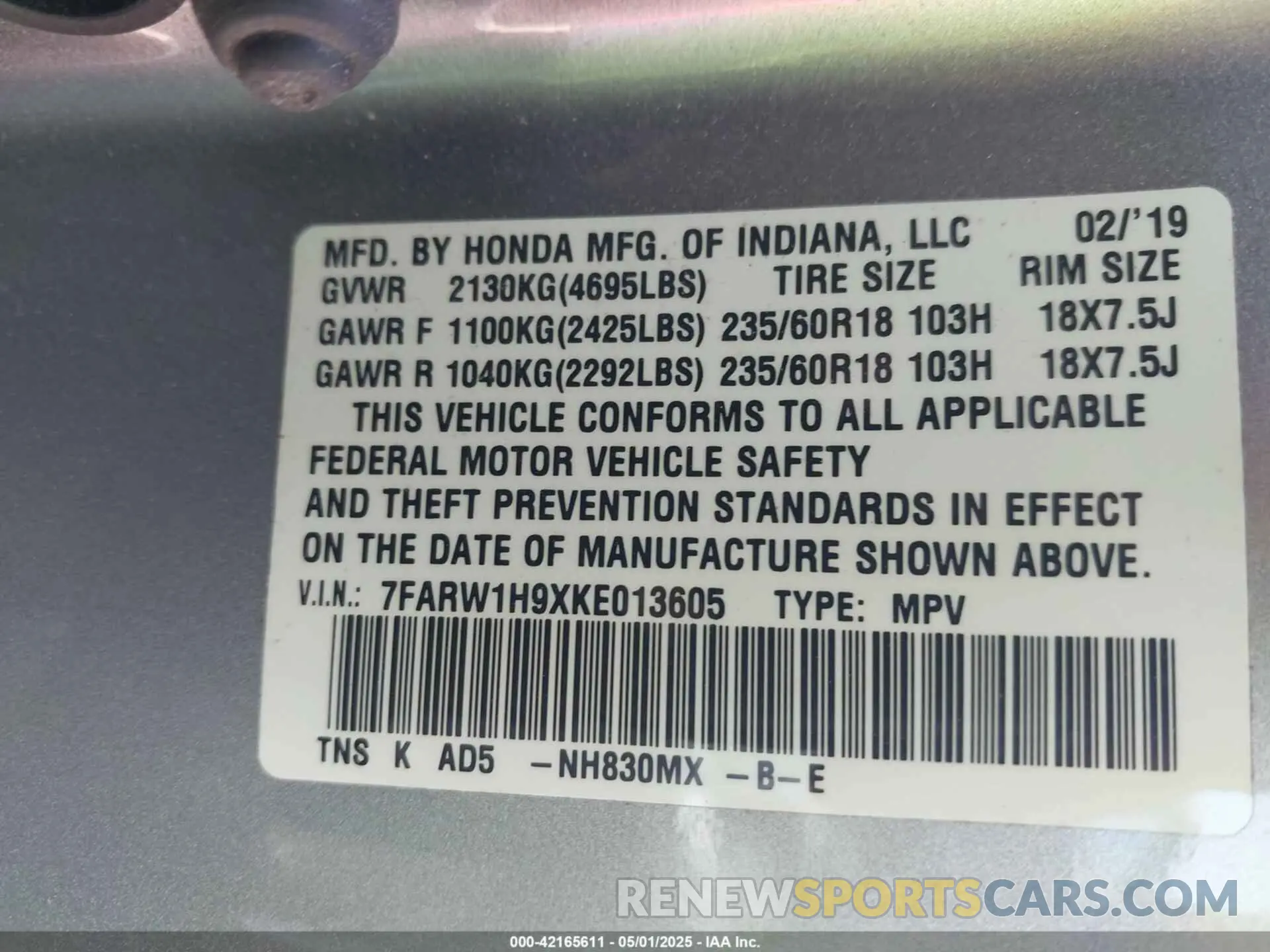 9 Photograph of a damaged car 7FARW1H9XKE013605 HONDA CR-V 2019