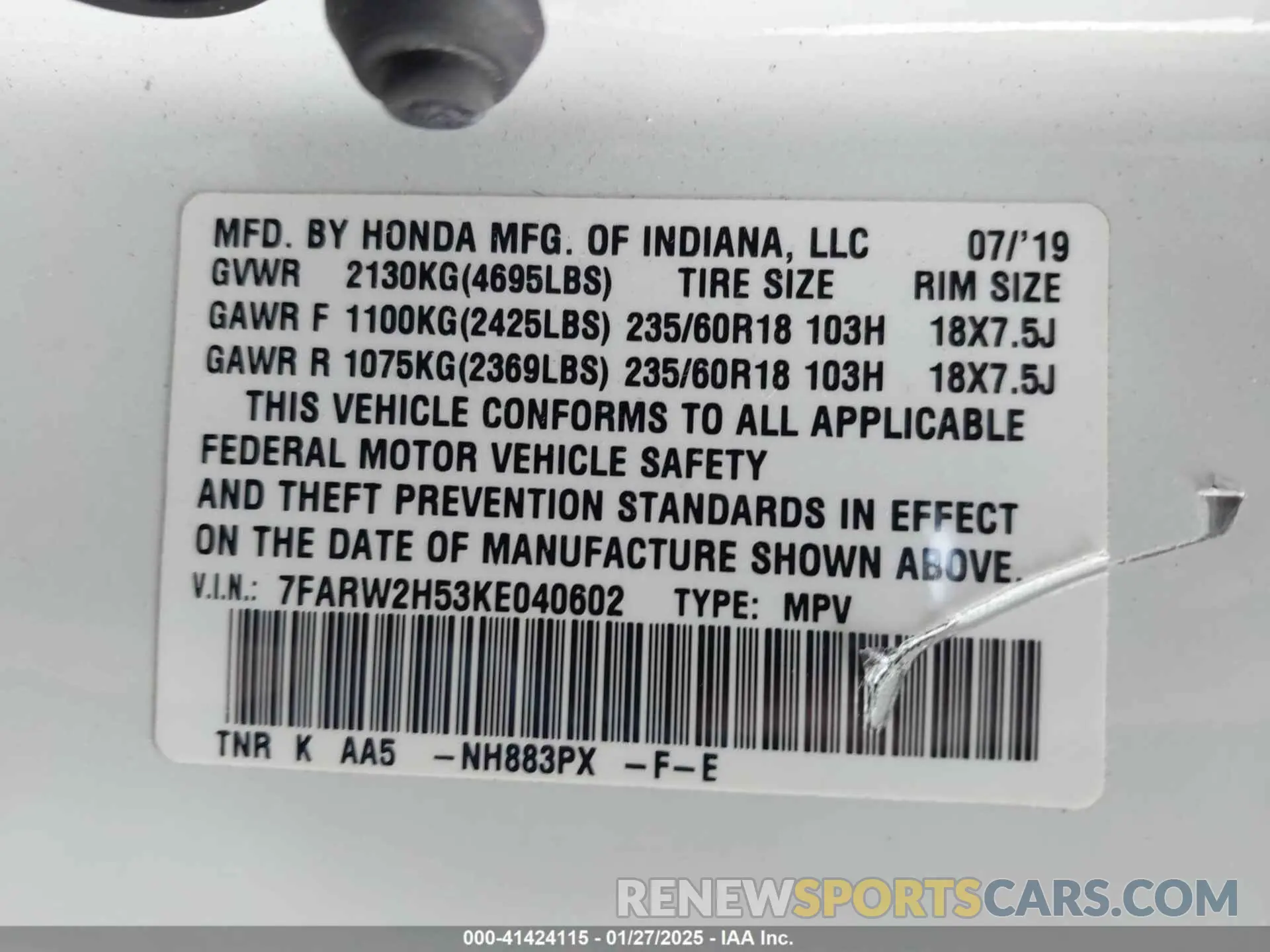 9 Photograph of a damaged car 7FARW2H53KE040602 HONDA CR-V 2019