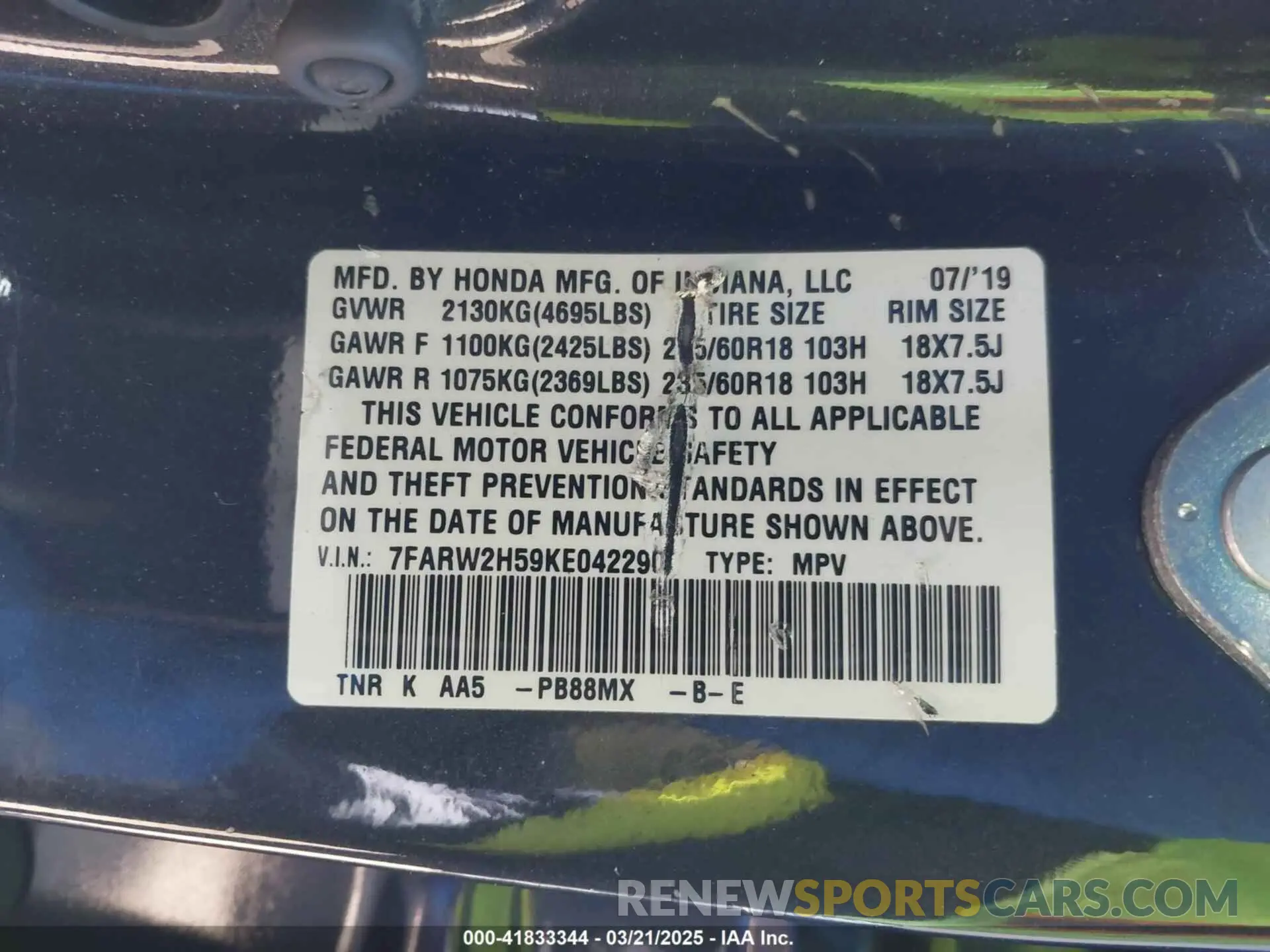 9 Photograph of a damaged car 7FARW2H59KE042290 HONDA CR-V 2019