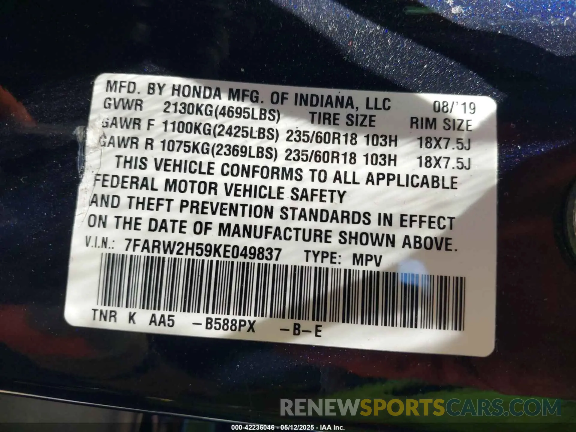 9 Фотография поврежденного автомобиля 7FARW2H59KE049837 HONDA CR-V 2019