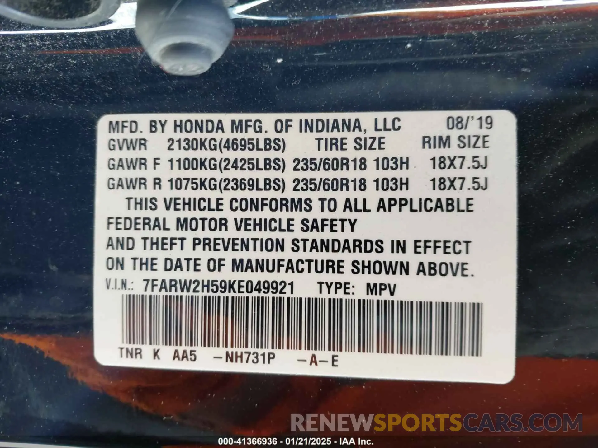 9 Фотография поврежденного автомобиля 7FARW2H59KE049921 HONDA CR-V 2019