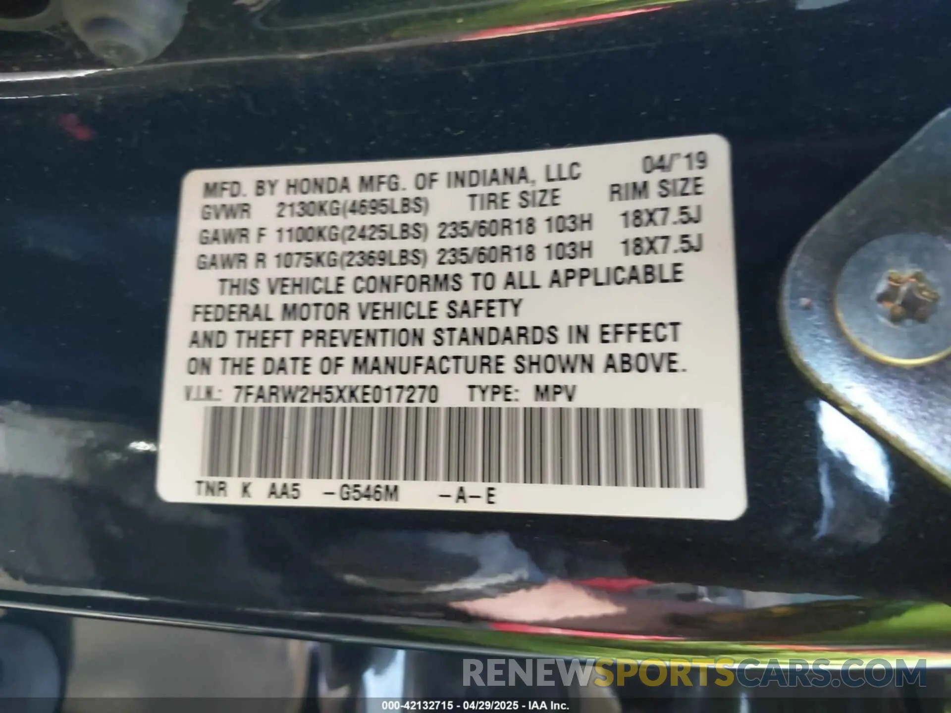 9 Фотография поврежденного автомобиля 7FARW2H5XKE017270 HONDA CR-V 2019