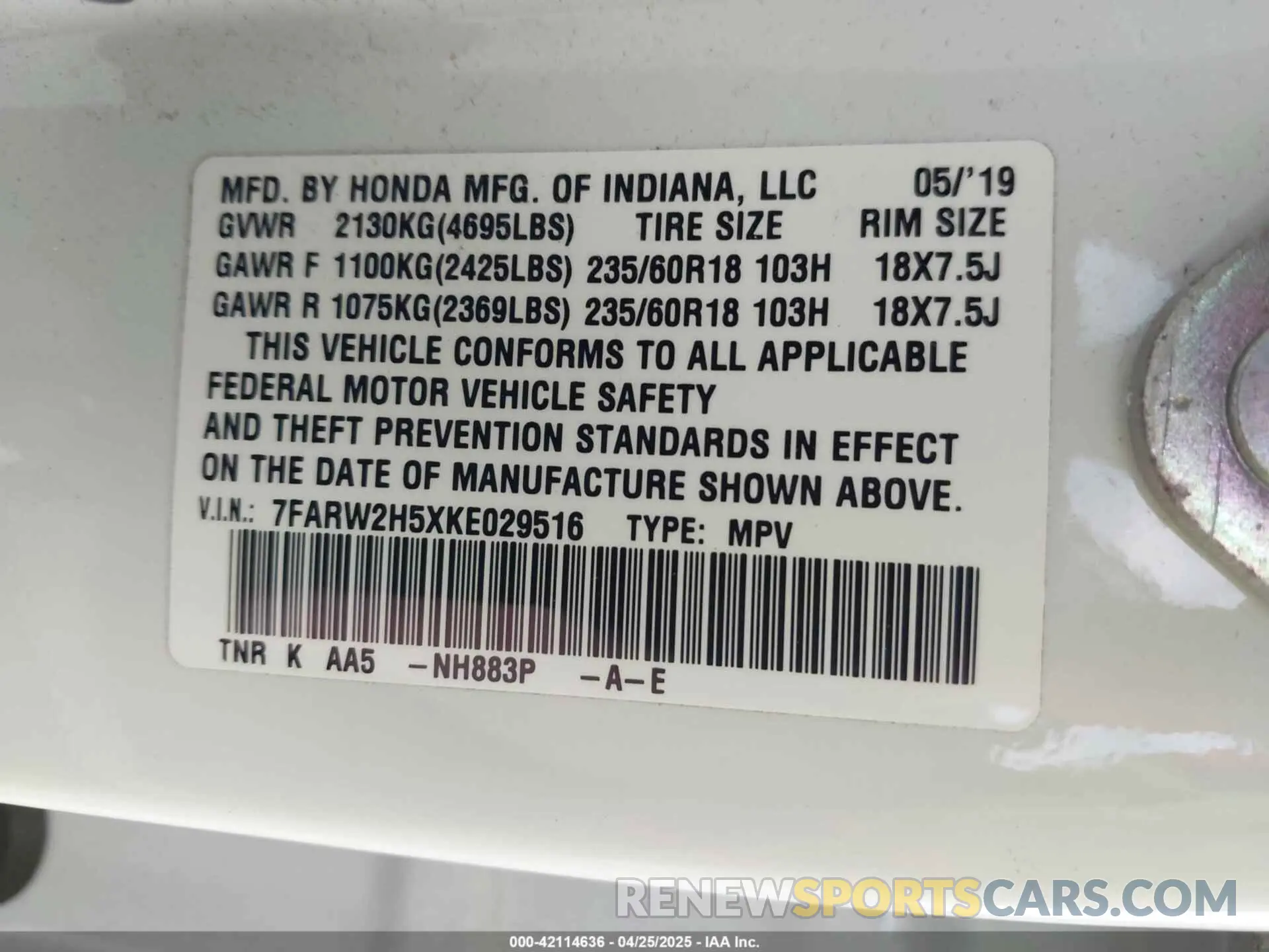 9 Photograph of a damaged car 7FARW2H5XKE029516 HONDA CR-V 2019