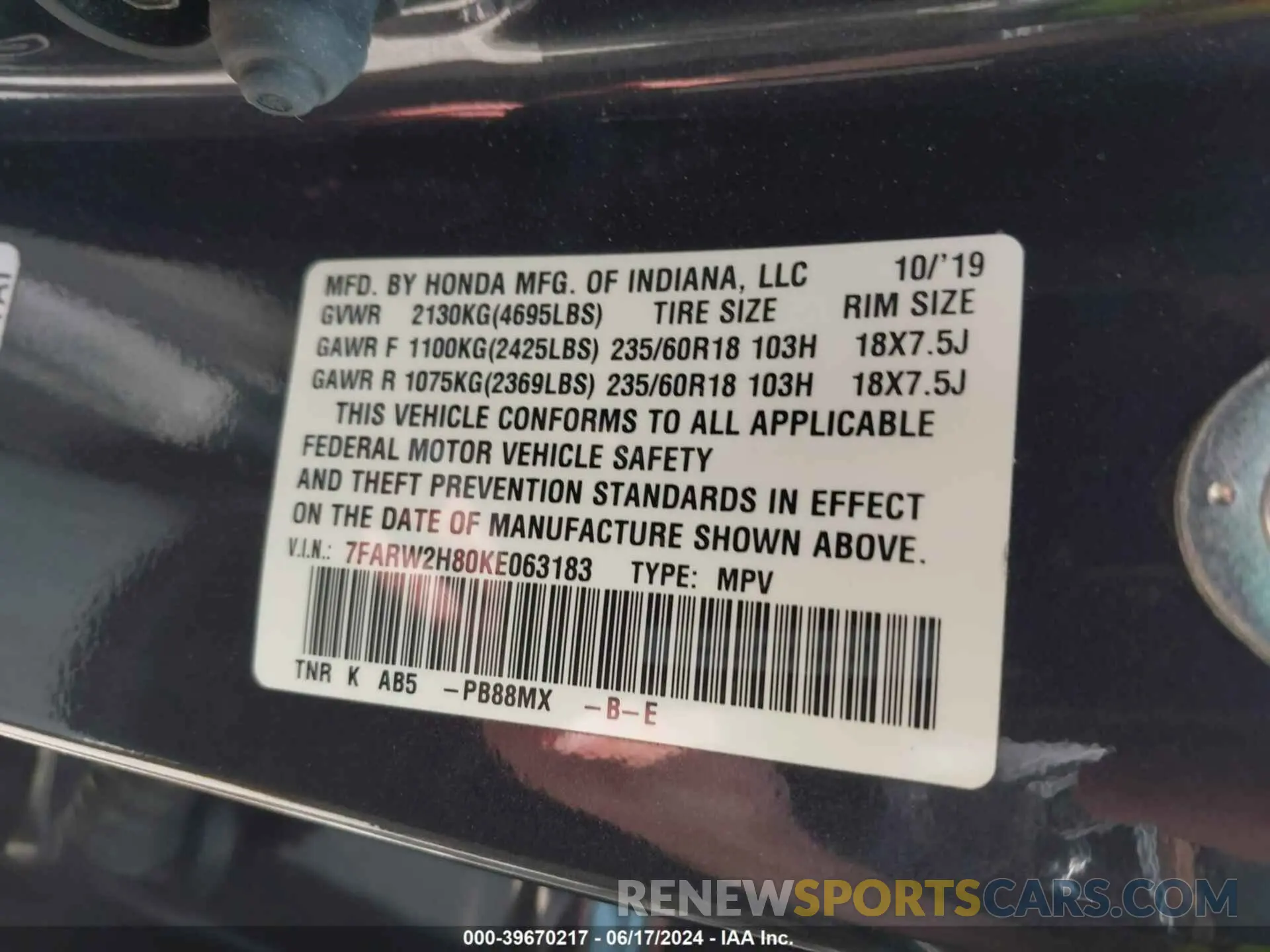 9 Фотография поврежденного автомобиля 7FARW2H80KE063183 HONDA CR-V 2019