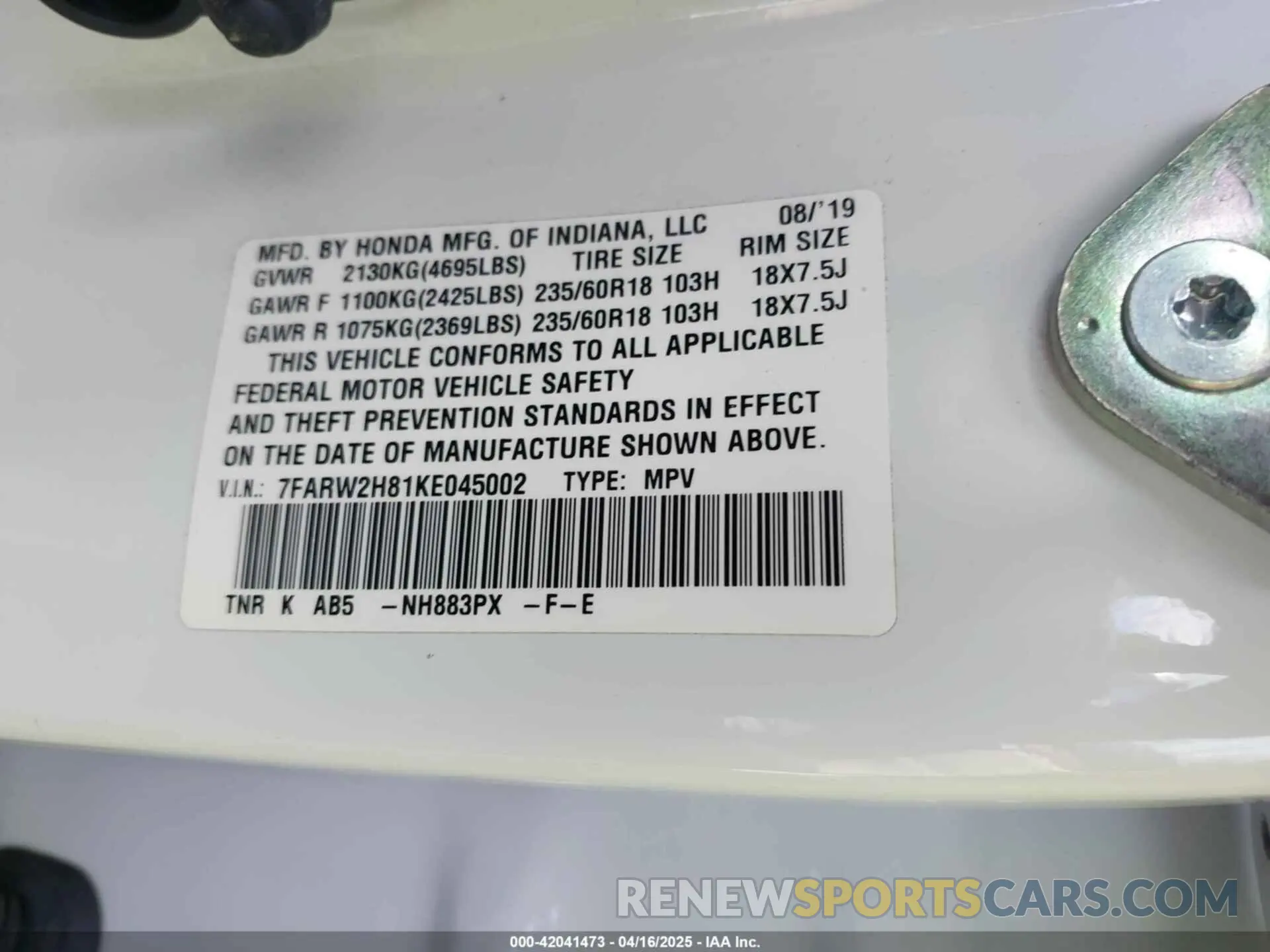 9 Photograph of a damaged car 7FARW2H81KE045002 HONDA CR-V 2019