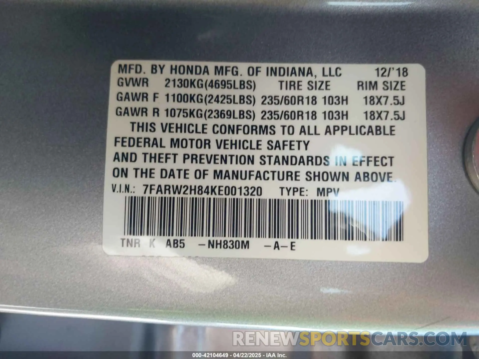 9 Фотография поврежденного автомобиля 7FARW2H84KE001320 HONDA CR-V 2019