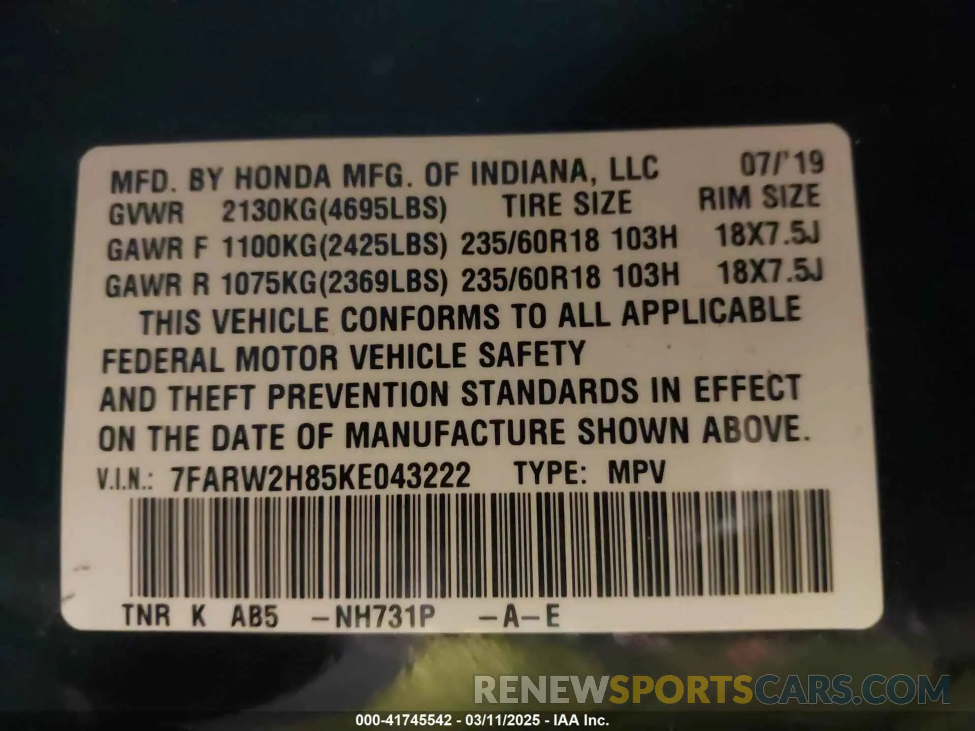 9 Photograph of a damaged car 7FARW2H85KE043222 HONDA CR-V 2019
