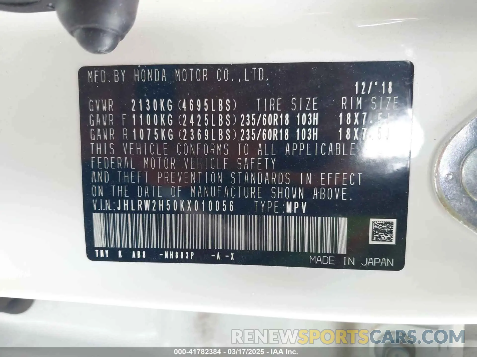 9 Фотография поврежденного автомобиля JHLRW2H50KX010056 HONDA CR-V 2019