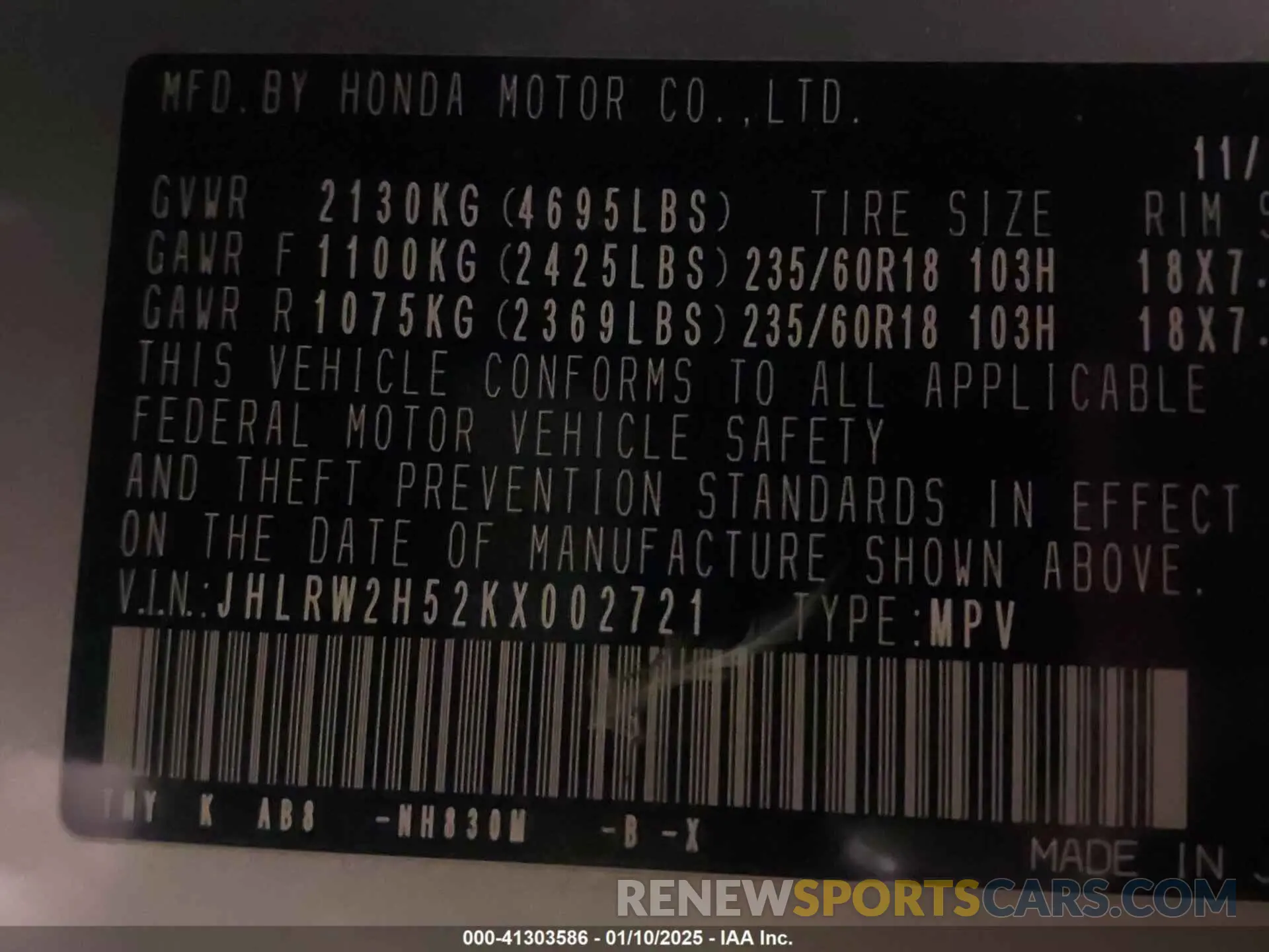 9 Фотография поврежденного автомобиля JHLRW2H52KX002721 HONDA CR-V 2019