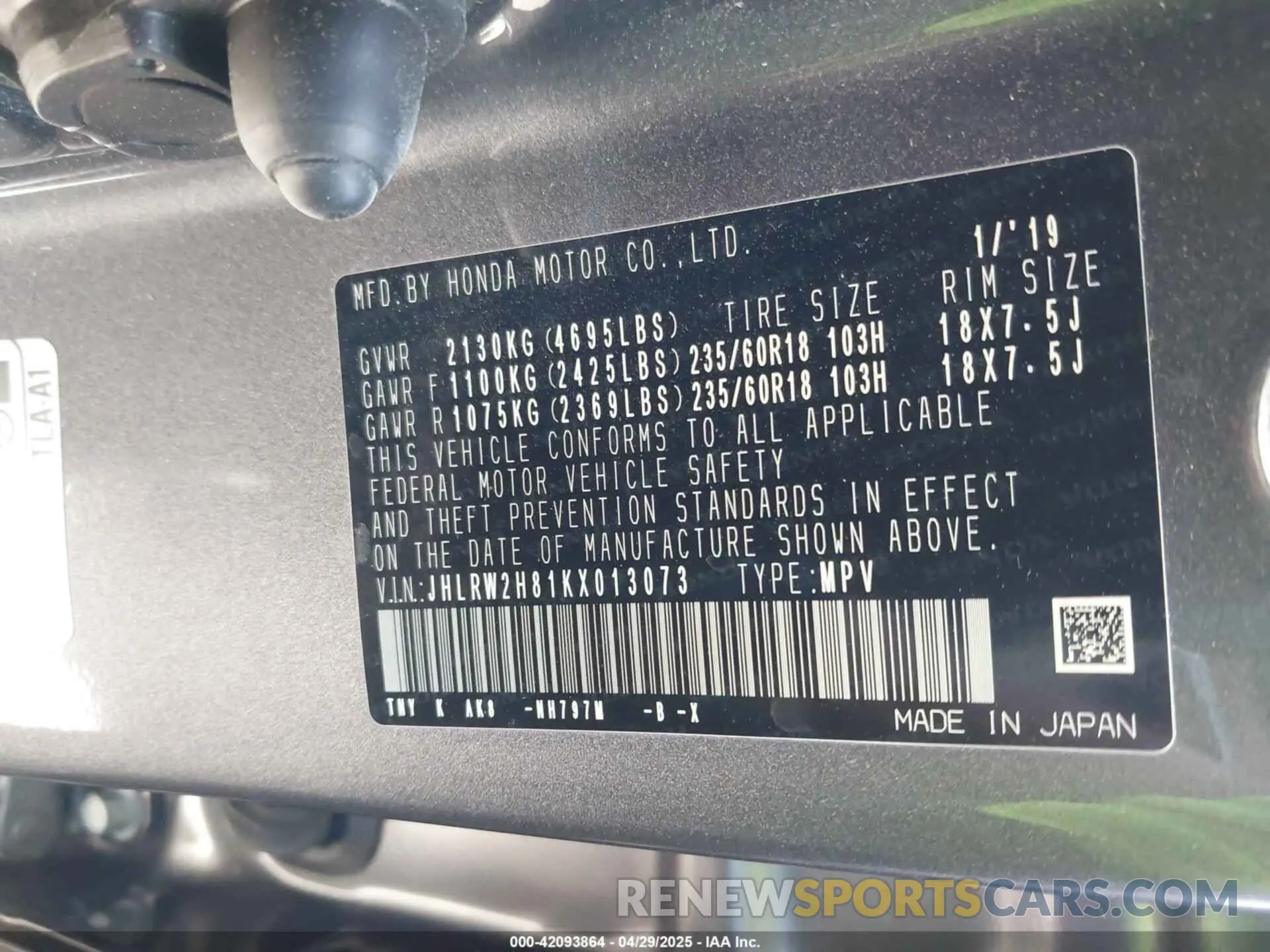 9 Photograph of a damaged car JHLRW2H81KX013073 HONDA CR-V 2019