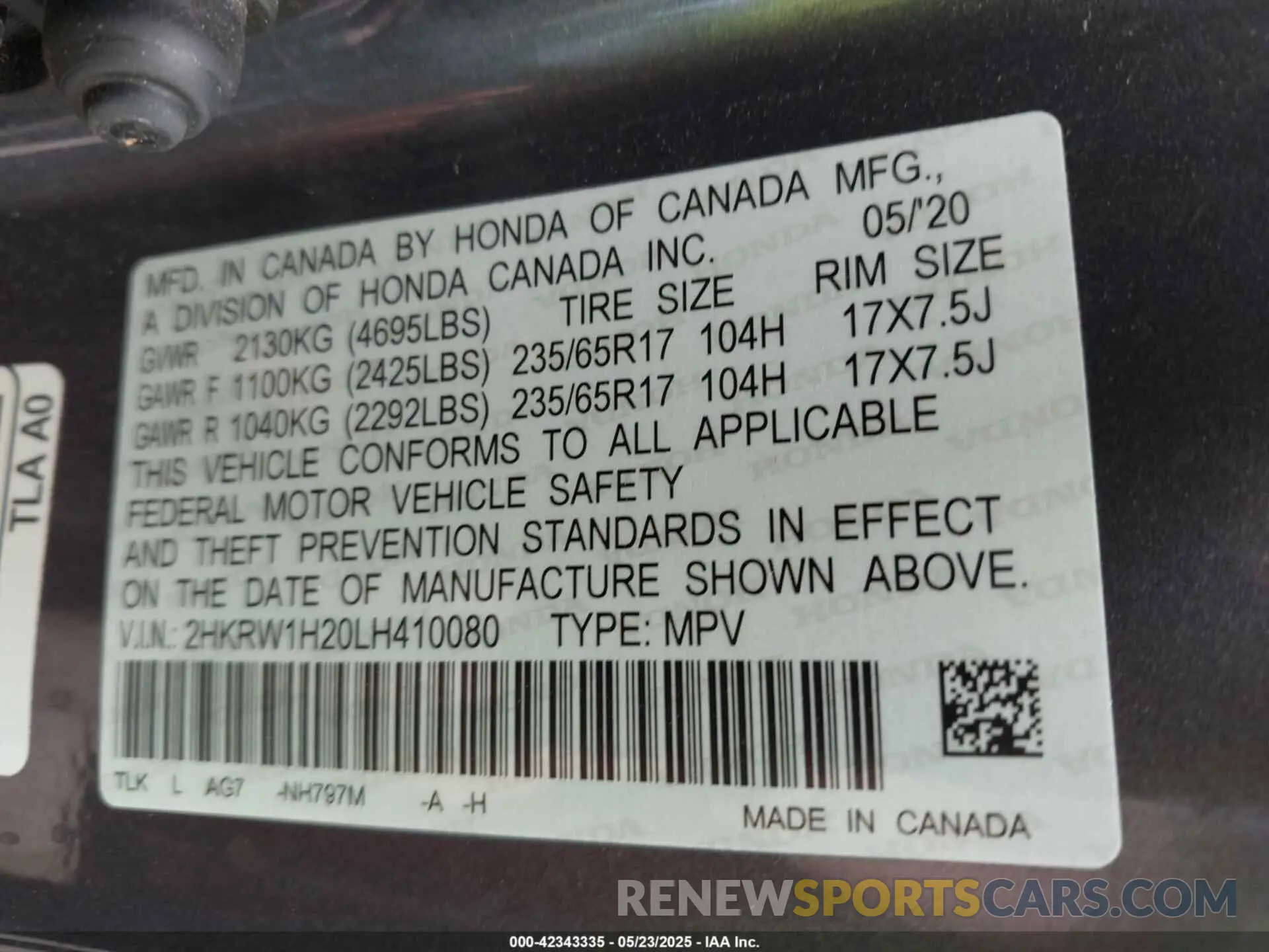 9 Фотография поврежденного автомобиля 2HKRW1H20LH410080 HONDA CR-V 2020