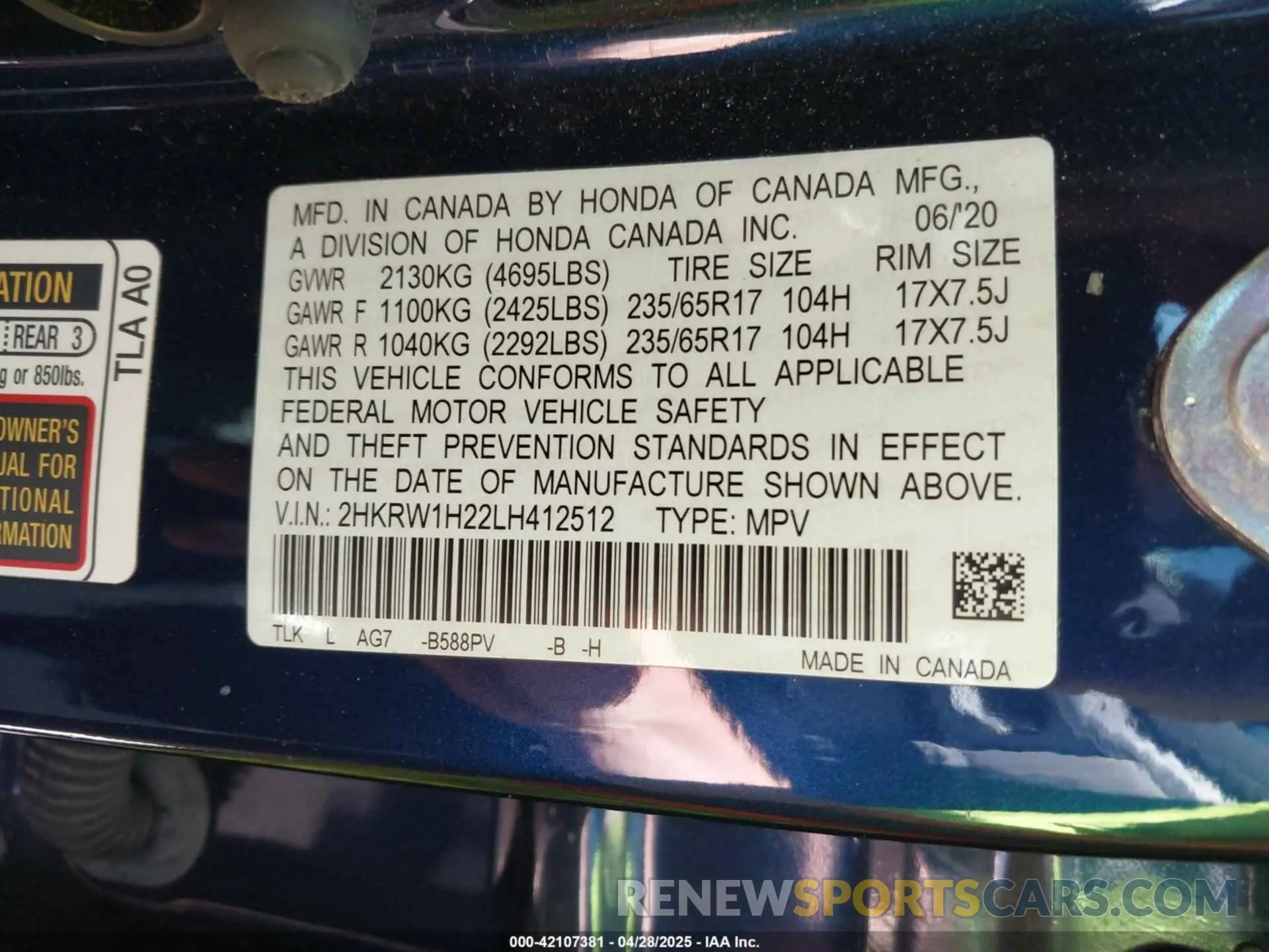 9 Фотография поврежденного автомобиля 2HKRW1H22LH412512 HONDA CR-V 2020