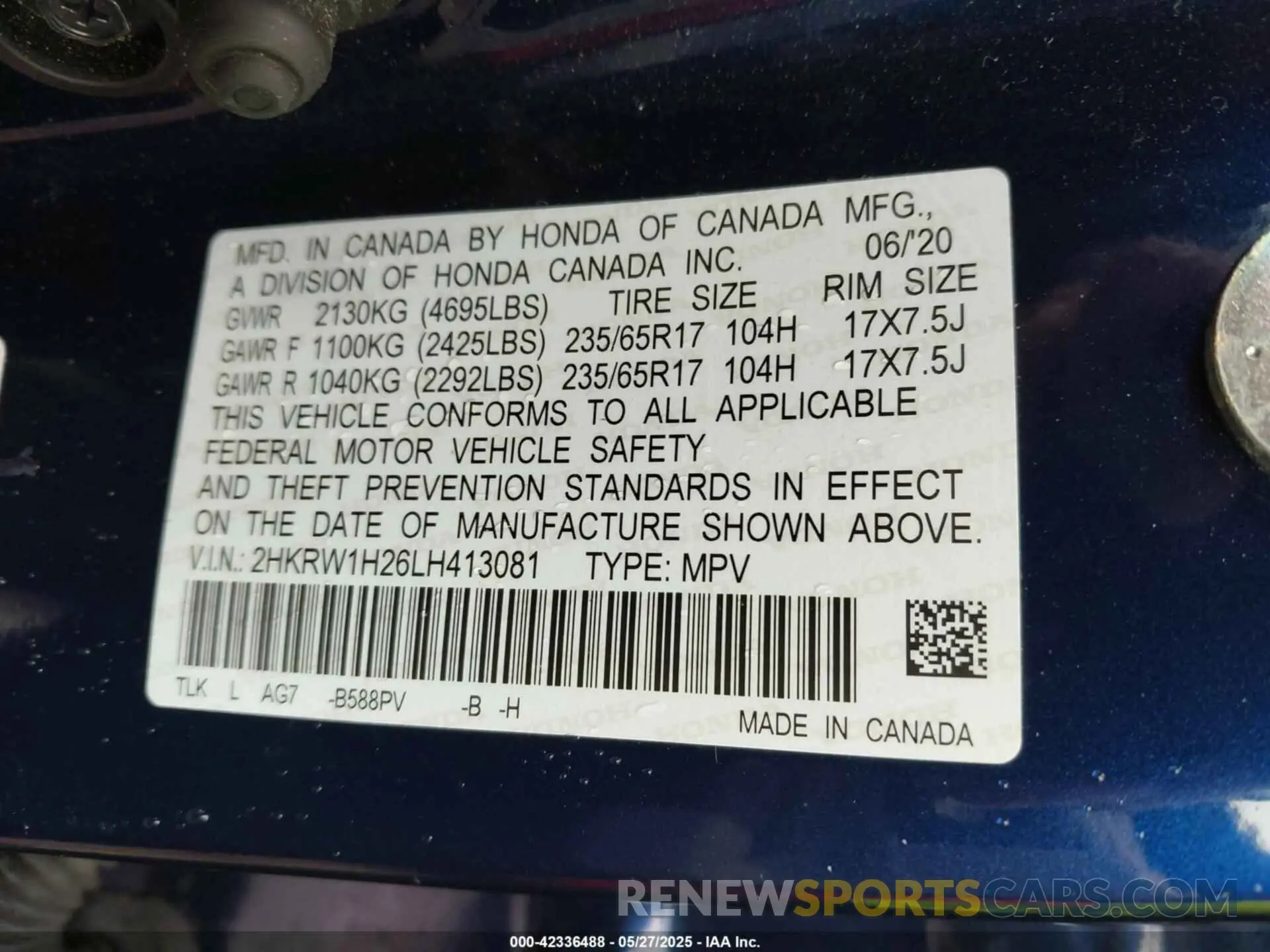 9 Photograph of a damaged car 2HKRW1H26LH413081 HONDA CR-V 2020