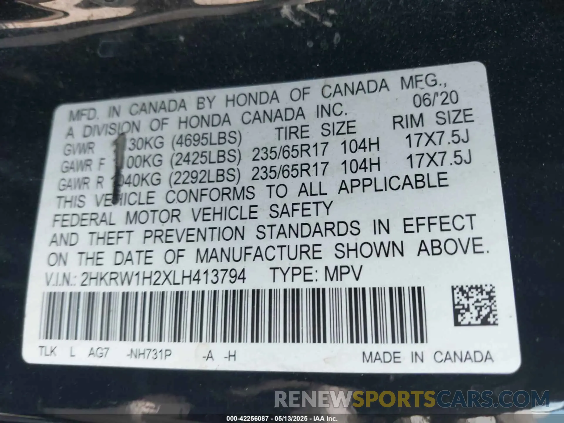 9 Photograph of a damaged car 2HKRW1H2XLH413794 HONDA CR-V 2020