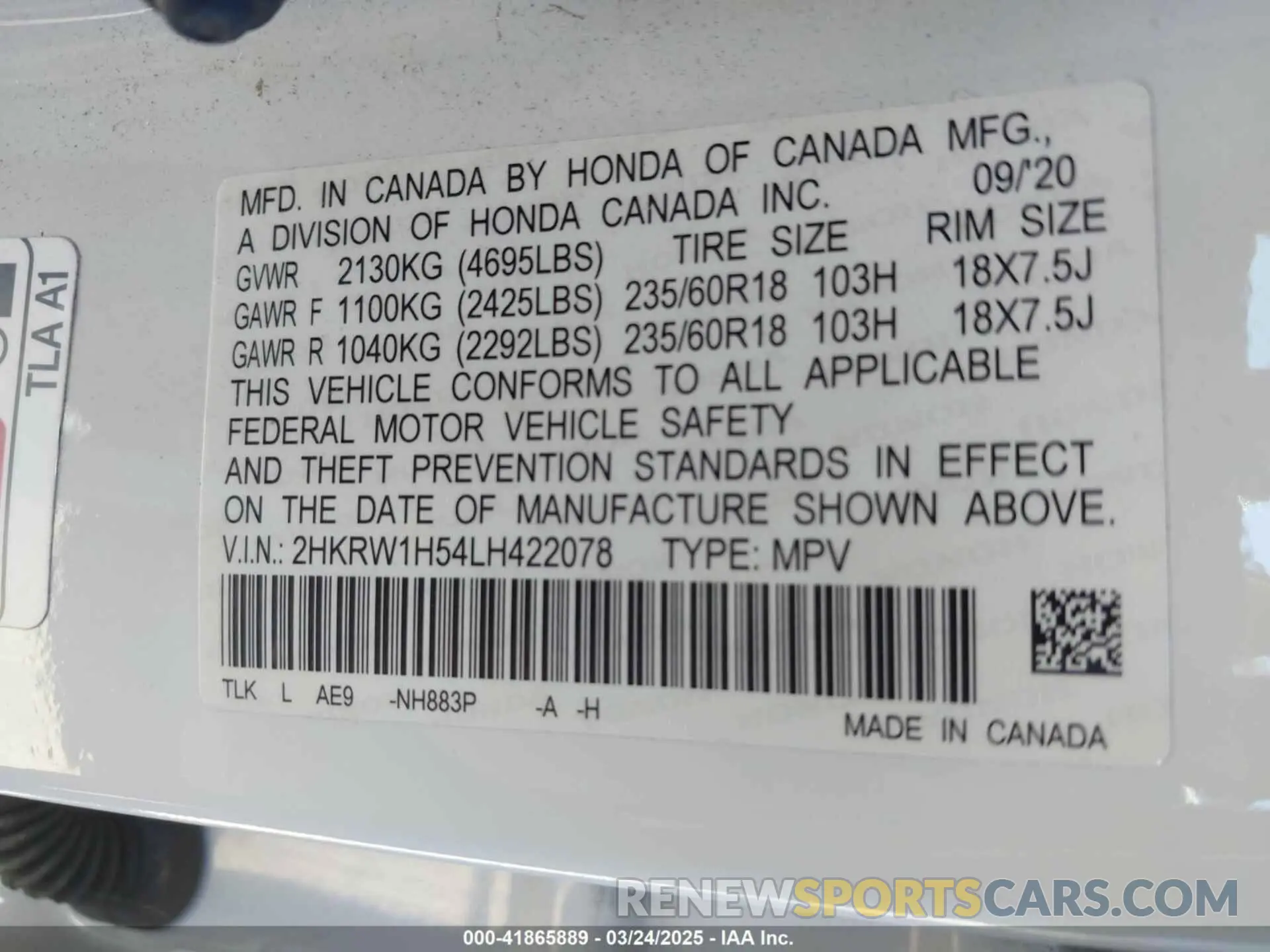 9 Photograph of a damaged car 2HKRW1H54LH422078 HONDA CR-V 2020