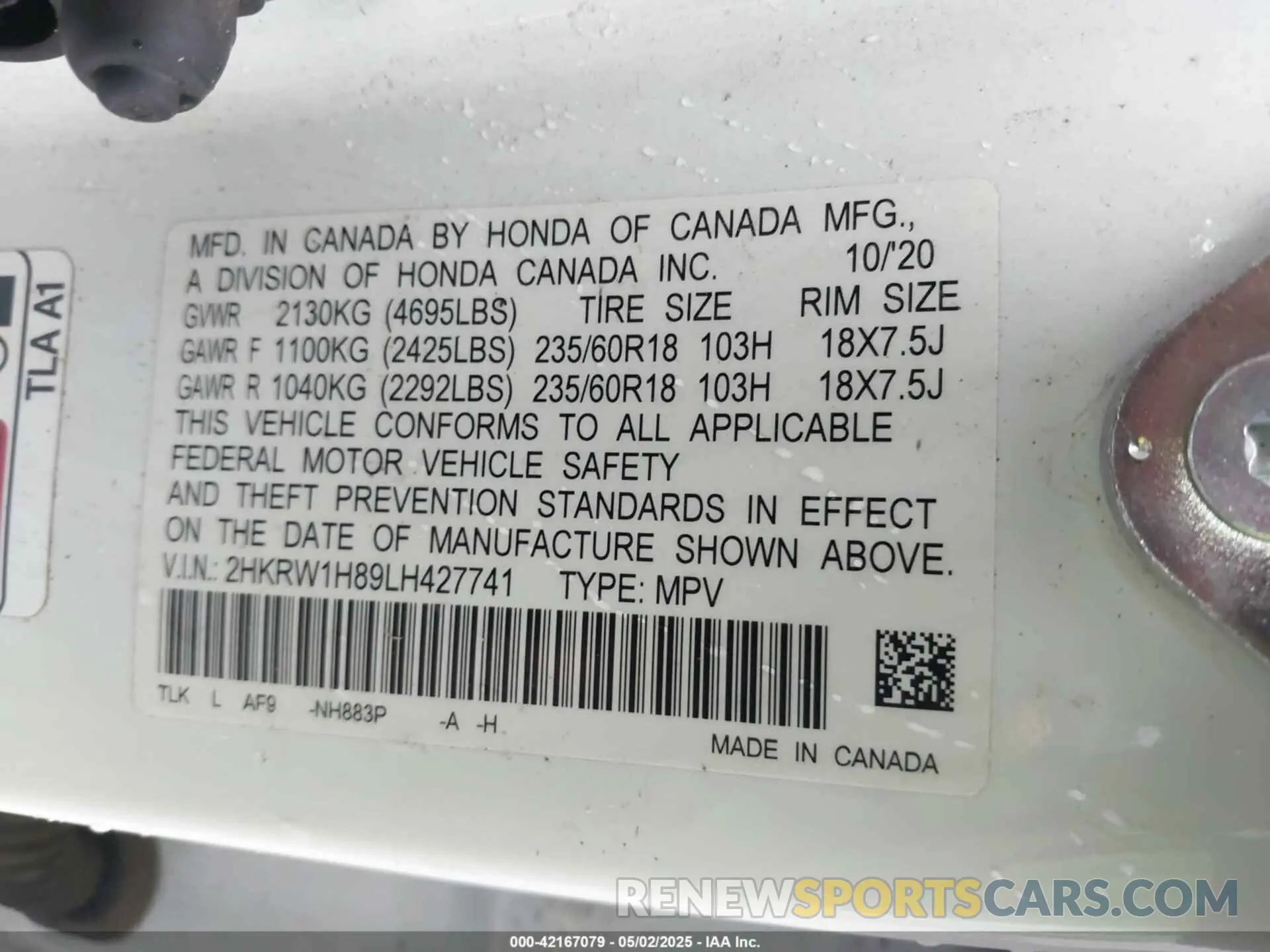 9 Photograph of a damaged car 2HKRW1H89LH427741 HONDA CR-V 2020
