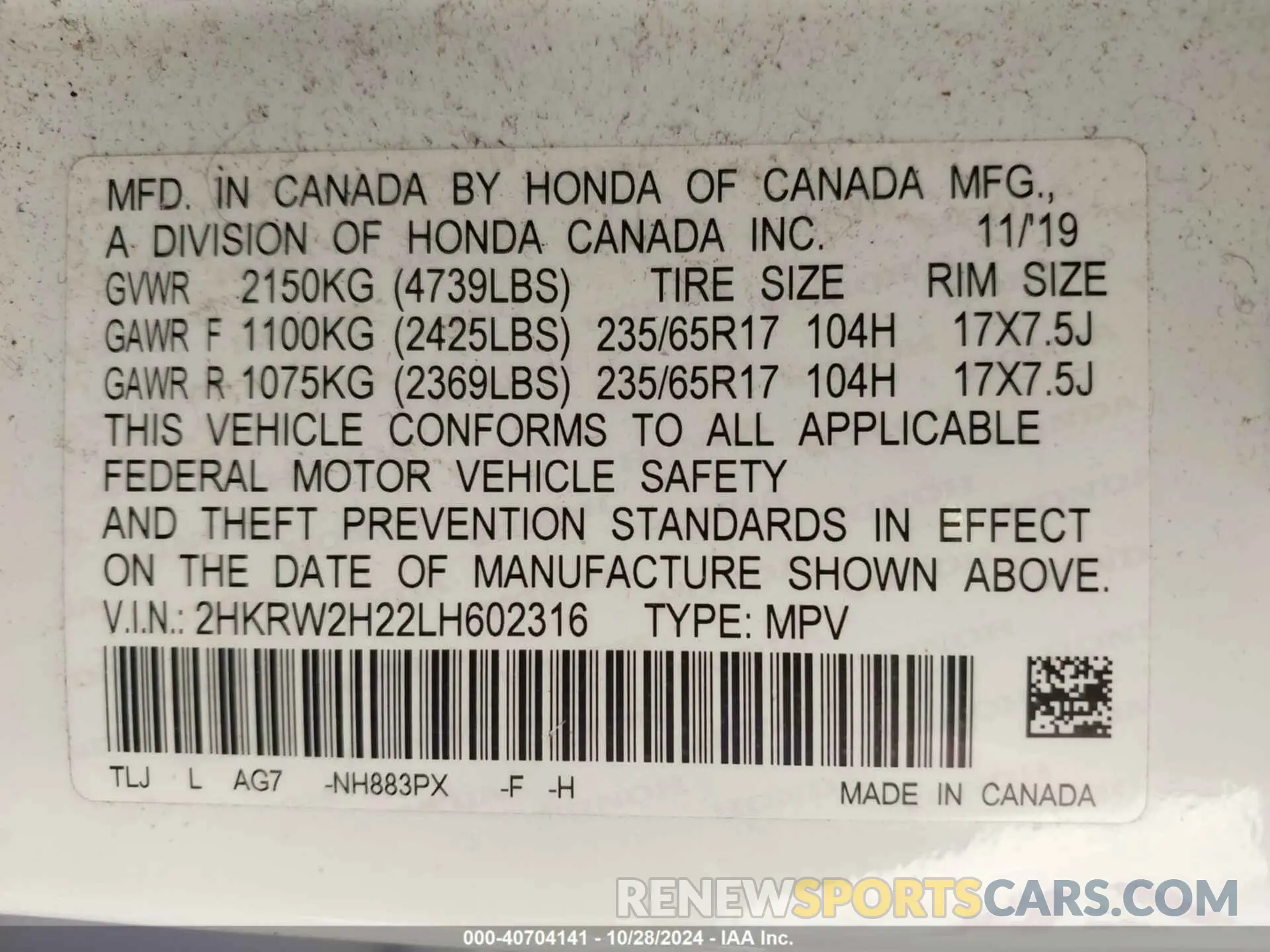 9 Photograph of a damaged car 2HKRW2H22LH602316 HONDA CR-V 2020